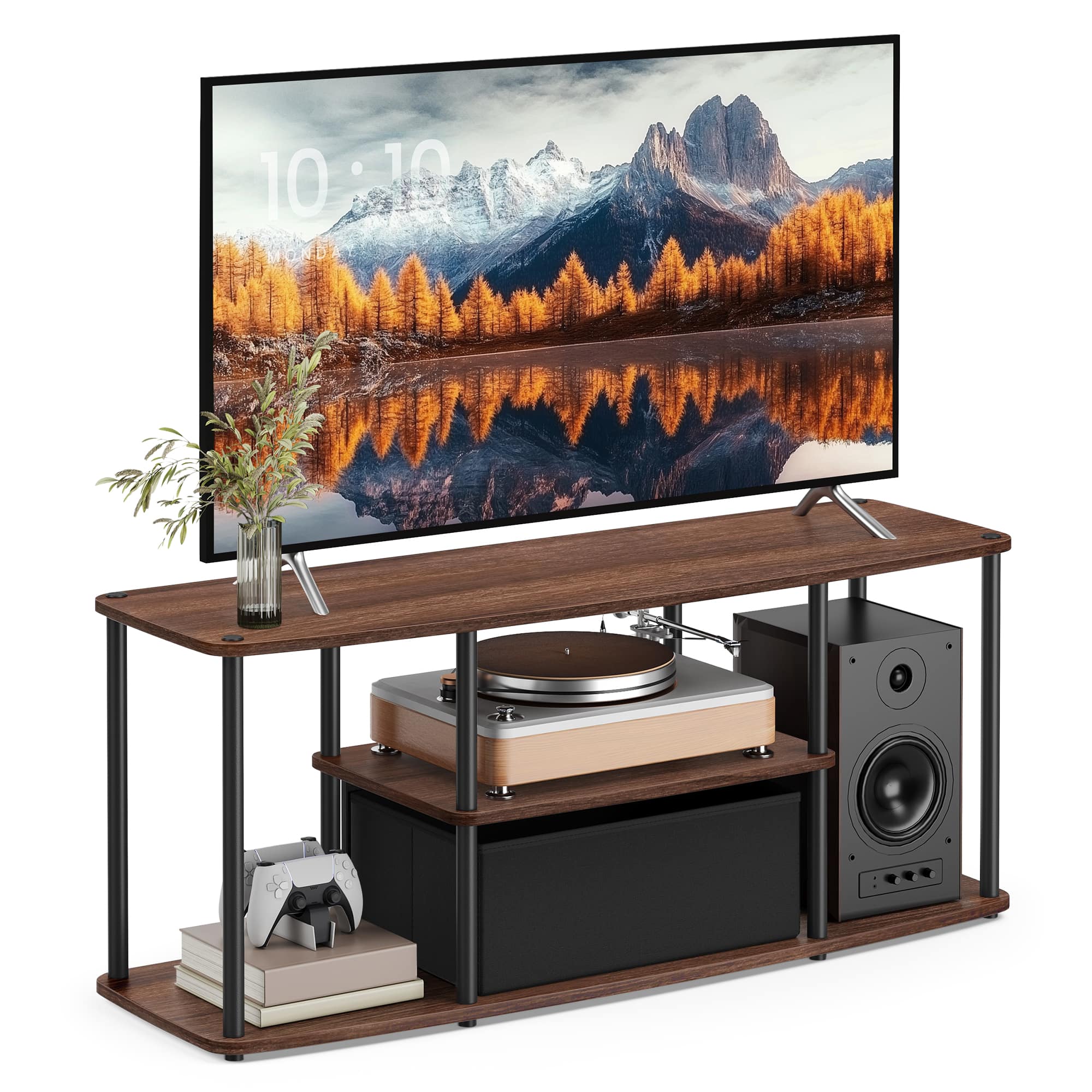 Songmics Home - Superfast Toolless Assembly, TV Stand for TVs up to 50 Inches, TV Cabinet Table Unit, Living Room,Shelves - Natural Walnut and Ink Black