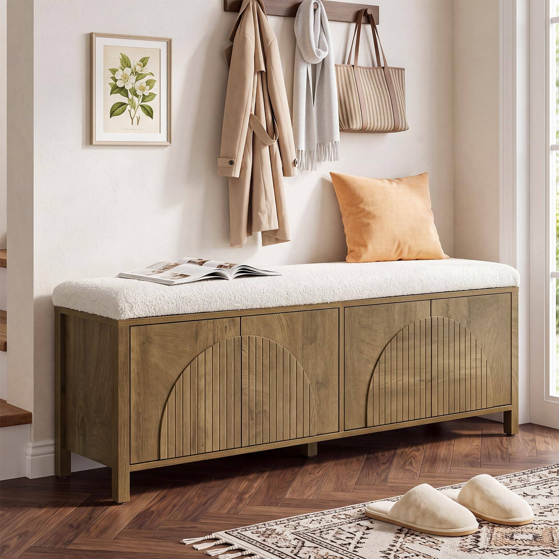 Alt View 4. Tribesigns - 55" Shoe Storage Bench with Cushion, Farmhouse Entryway Bench - Brown.