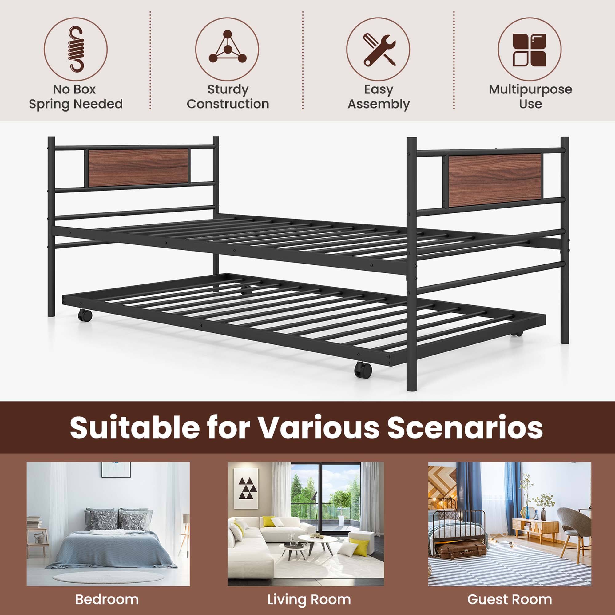 The image features a metal bed frame with a wooden headboard and footboard, suitable for various scenarios such as a bedroom, living room, or guest room. The bed frame is sturdy and easy to assemble, making it a practical choice for different situations. Additionally, the bed frame can be used for multiple purposes, such as a bed, couch, or even a workspace. The image also highlights that a box spring is not needed, which can be a cost-saving option for some users.