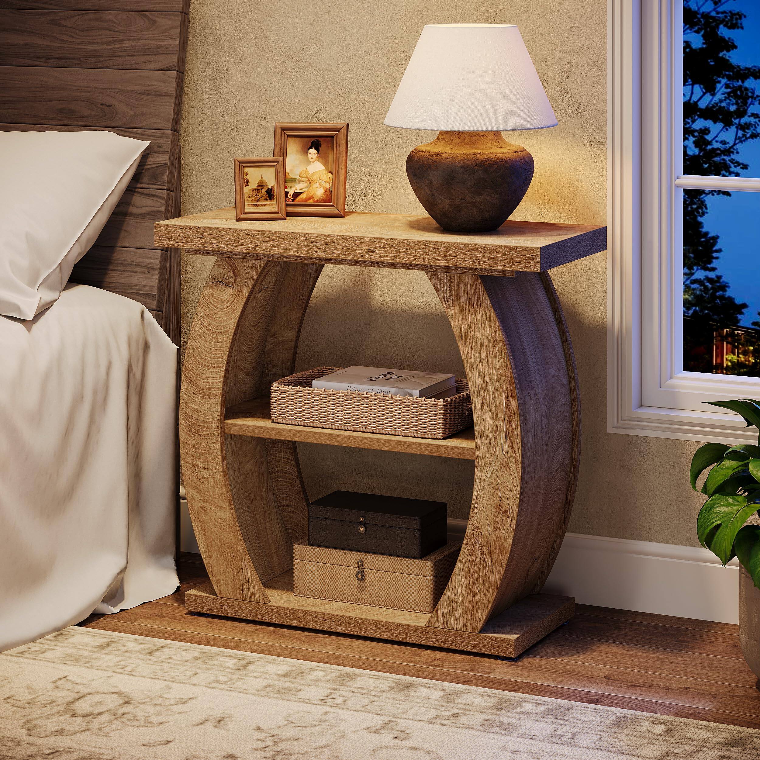 Alt View 4. Tribesigns - Side Table for Living Room, 3-Tier Wooden End Table with Curved Frame, Farmhouse Narrow Bedside Table for Small Spaces, - Natural.
