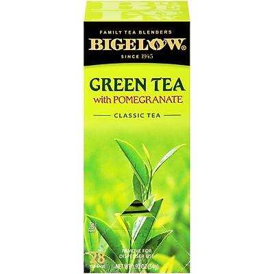 FAMILY TEA BLENDERS  
BIGELOW  
SINCE 1945  

GREEN TEA with POMEGRANATE  
CLASSIC TEA  

28 TEA BAGS  

NET WT 0.92 OZ (54g)  

PROTECTIVE FOR DISPOSAL  
NEW 7.902 (649)