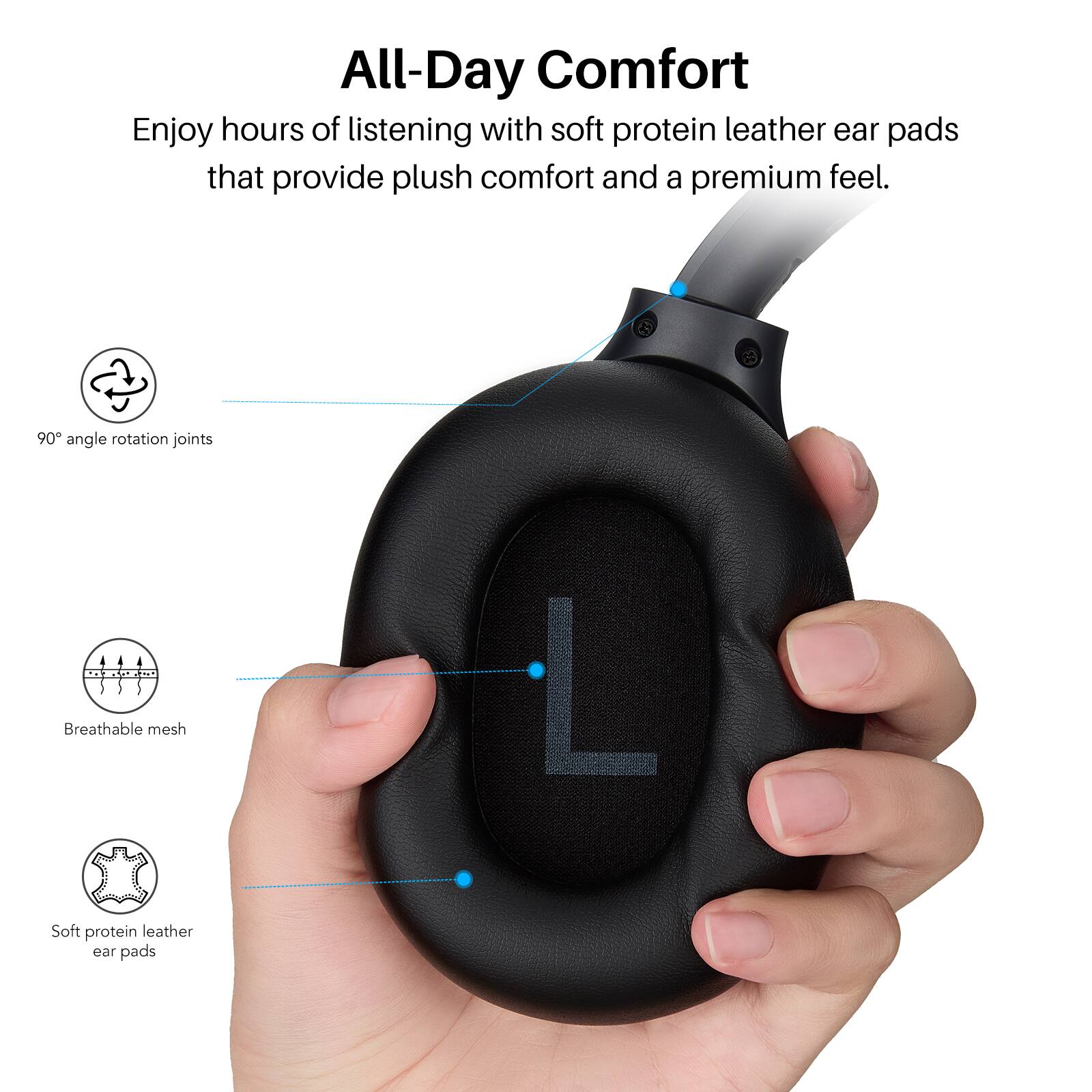 All-Day Comfort

Enjoy hours of listening with soft protein leather ear pads that provide plush comfort and a premium feel.

- 90° angle rotation joints
- Breathable mesh
- Soft protein leather ear pads