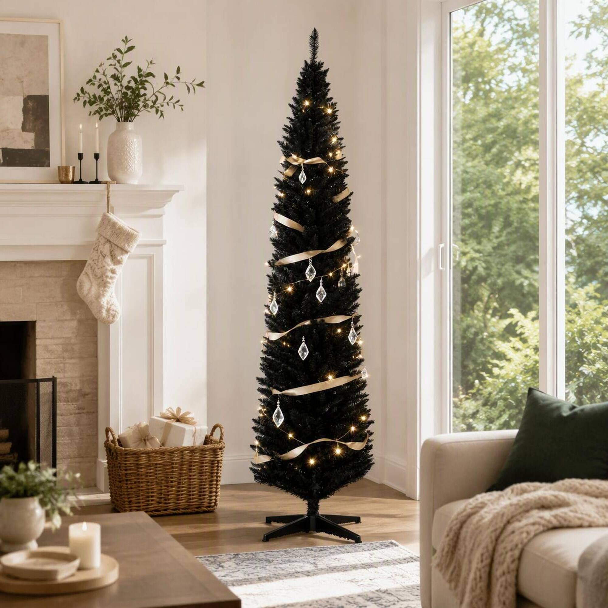 Back. RYHNUYNE - Classic Pencil Christmas Tree, Easy Assembly Slim Profile Realistic Branches Creates Cozy Warm Holiday Vibe - Black.