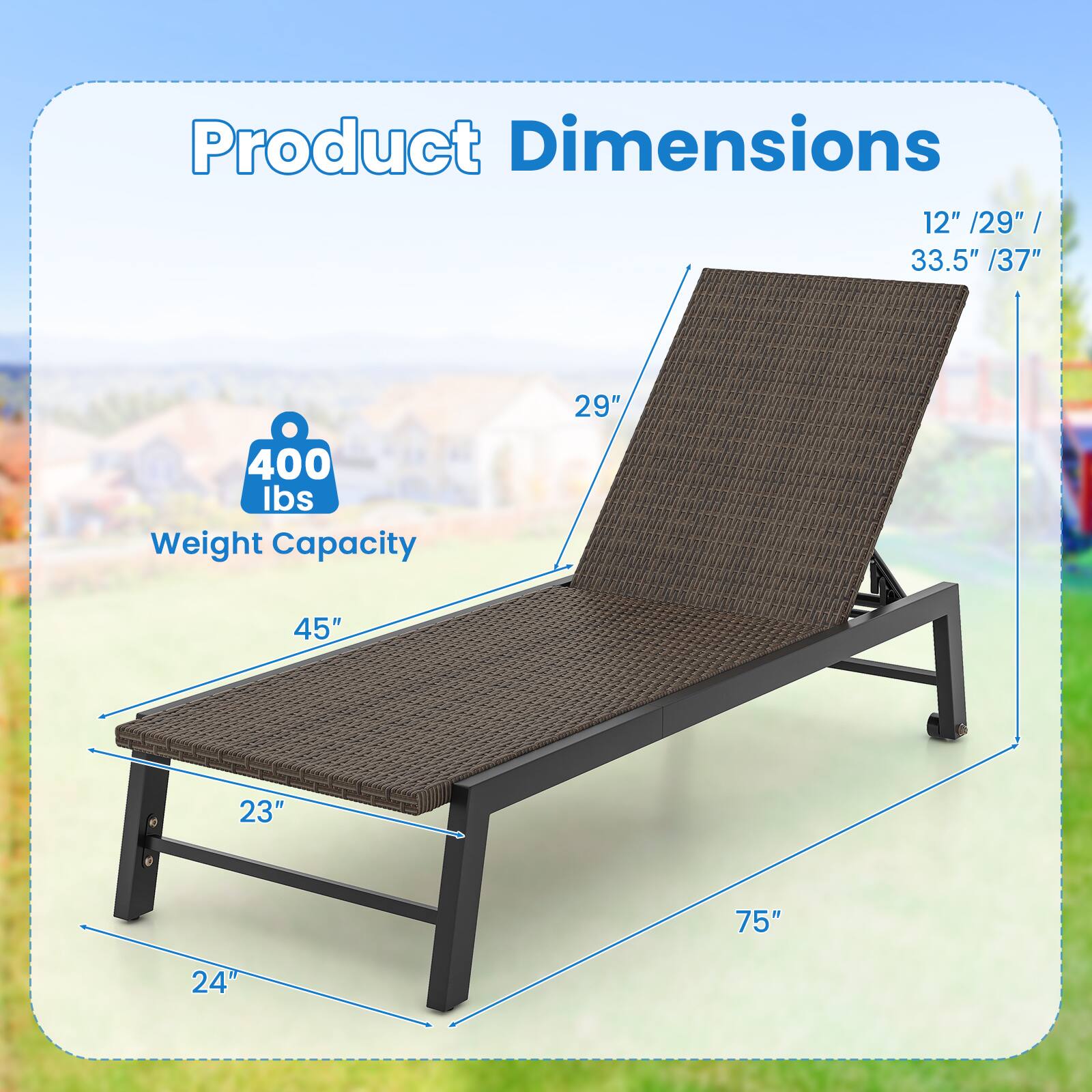 Product Dimensions: 12" / 29" / 33.5" / 37"  
Weight Capacity: 400 lbs  
Dimensions: 45" x 23" x 75" x 24"