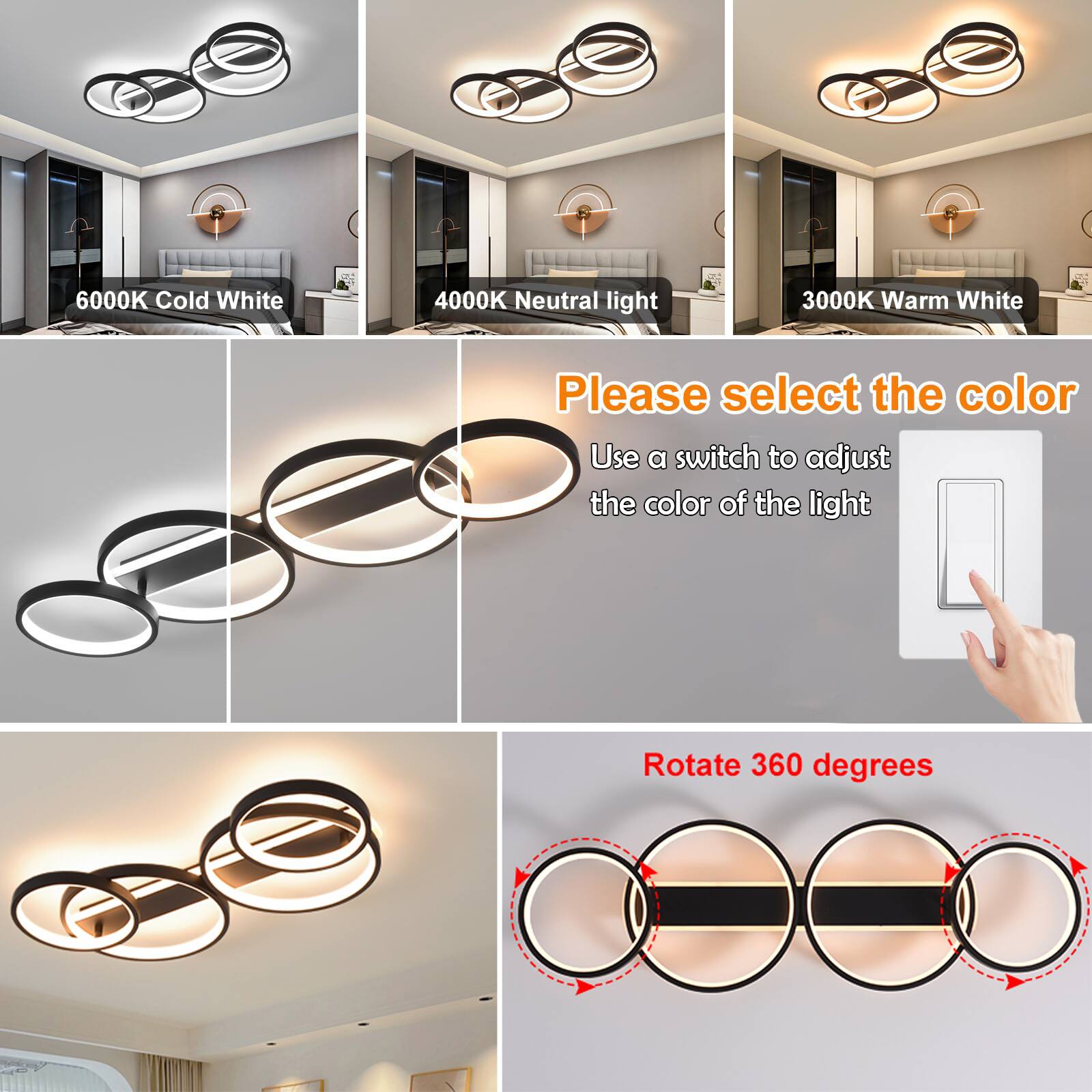 6000K Cold White  
4000K Neutral light  
3000K Warm White  

Please select the color  

Use a switch to adjust the color of the light  

Rotate 360 degrees