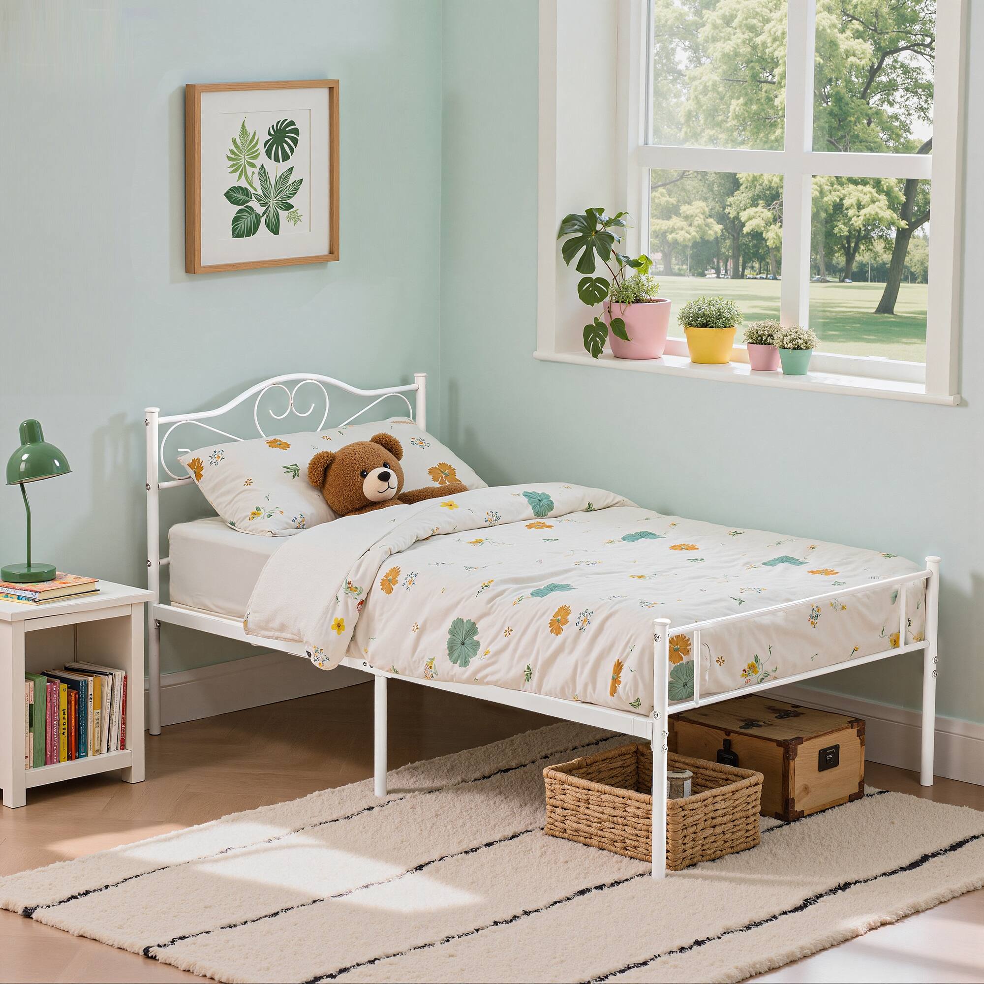 Left. Vecelo - 14" Twin Metal Bed Frame with Headboard&Footboard, Heavy Duty Steel Slats, No Box Spring, White-Easy Assembly - White.