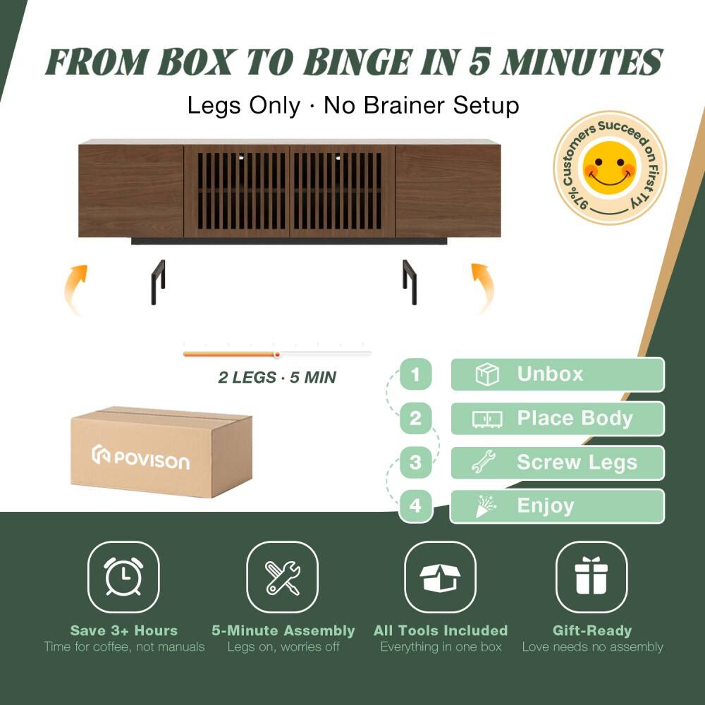 FROM BOX TO BINGE IN 5 MINUTES  
Legs Only • No Brainer Setup  

1. Unbox  
2. Place Body  
3. Screw Legs  
4. Enjoy  

2 LEGS • 5 MIN  

- Save 3+ Hours  
- 5-Minute Assembly  
- All Tools Included  
- Gift-Ready  

Time for coffee, not manuals  
Legs on, worries off  
Everything in one box  
Love needs no assembly