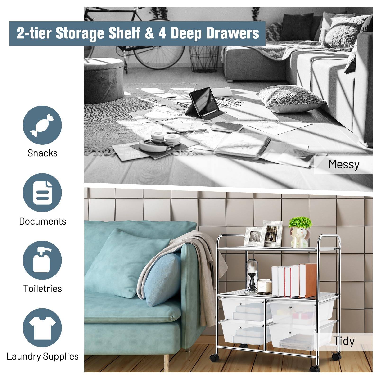 2-tier Storage Shelf & 4 Deep Drawers

- Snacks
- Documents
- Toiletries
- Laundry Supplies

Messy

Tidy