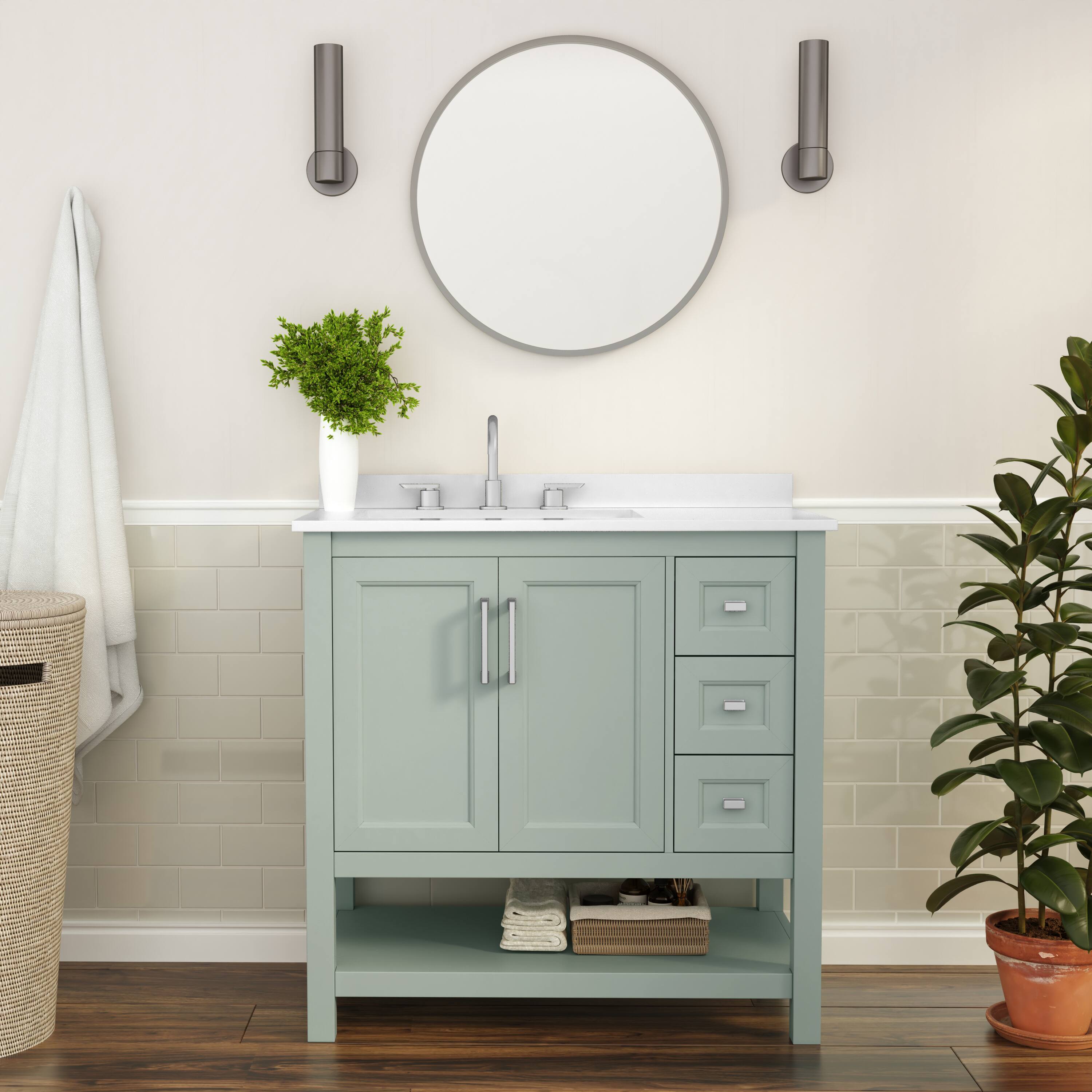 Alt View 1. Flash Furniture - Vega 36 Inch Bathroom Vanity with Sink, Storage Cabinet with Soft Close Doors, Open Shelf and 3 Drawers, Carrara Marble - Green.