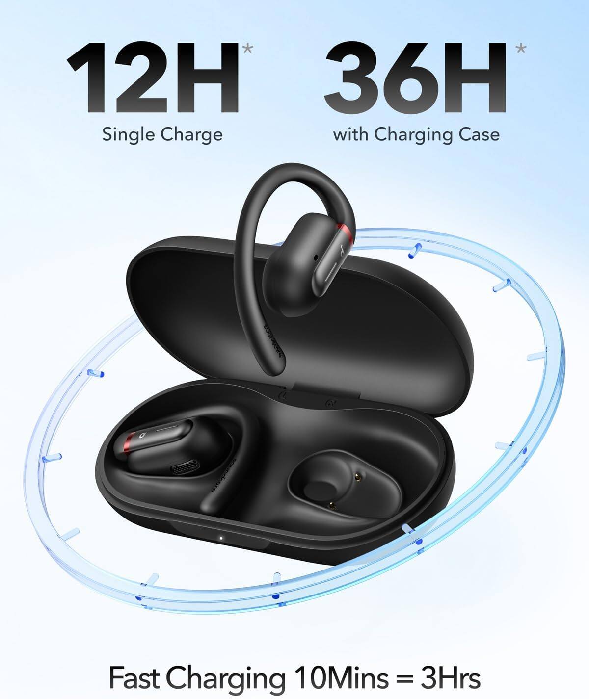 12H Single Charge  
36H with Charging Case  
Fast Charging 10Mins = 3Hrs