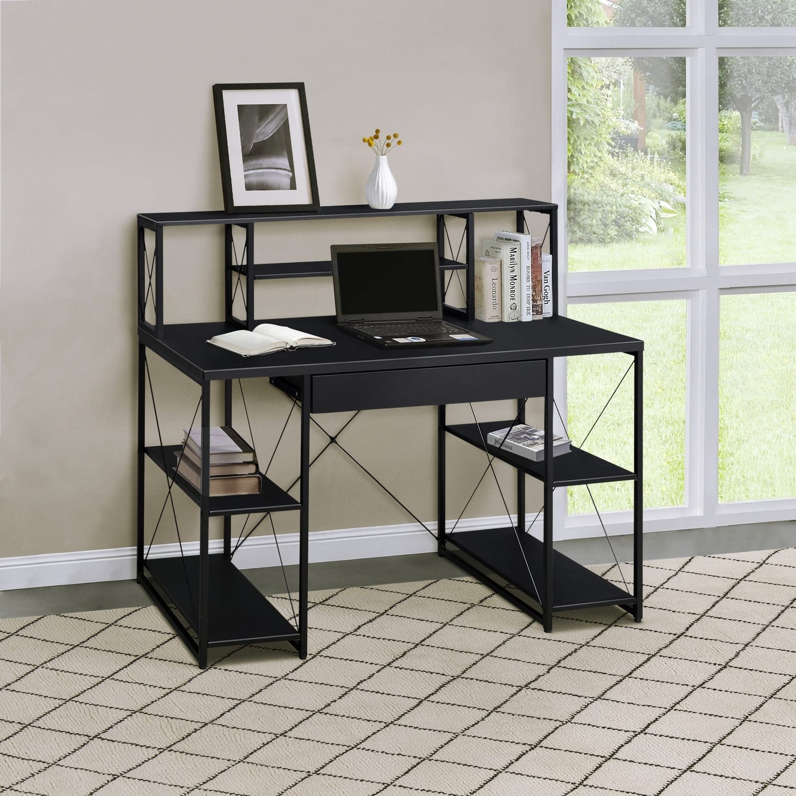Spaco - Studio Office Computer Desk with Hutch, 8-Compartment Storage, Wood Top and Shelves, Metal Sled Base - Black