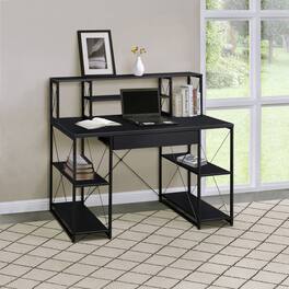 Spaco - Studio Office Computer Desk with Hutch, 8-Compartment Storage, Wood Top and Shelves, Metal Sled Base - Black