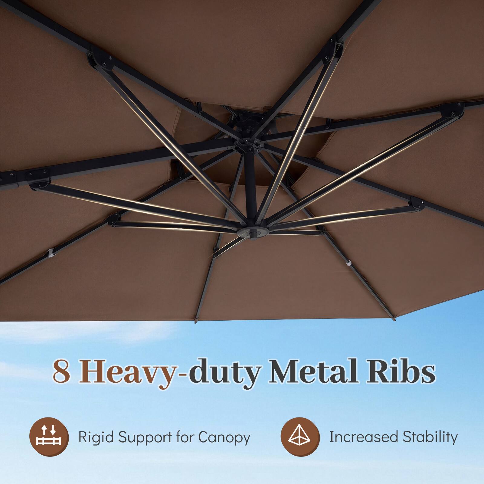 8 Heavy-duty Metal Ribs  
Rigid Support for Canopy  
Increased Stability