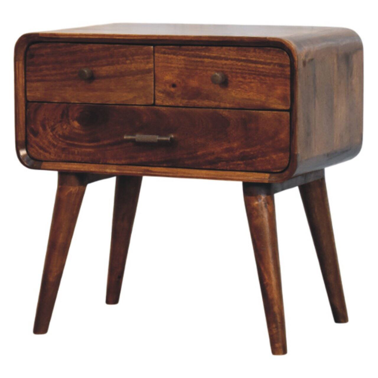 Left. Artisan Furniture - Artisan Furniture Solid Wood Avora 3-Drawer Chestnut Nightstand, Nordic Legs, Brown - Brown.