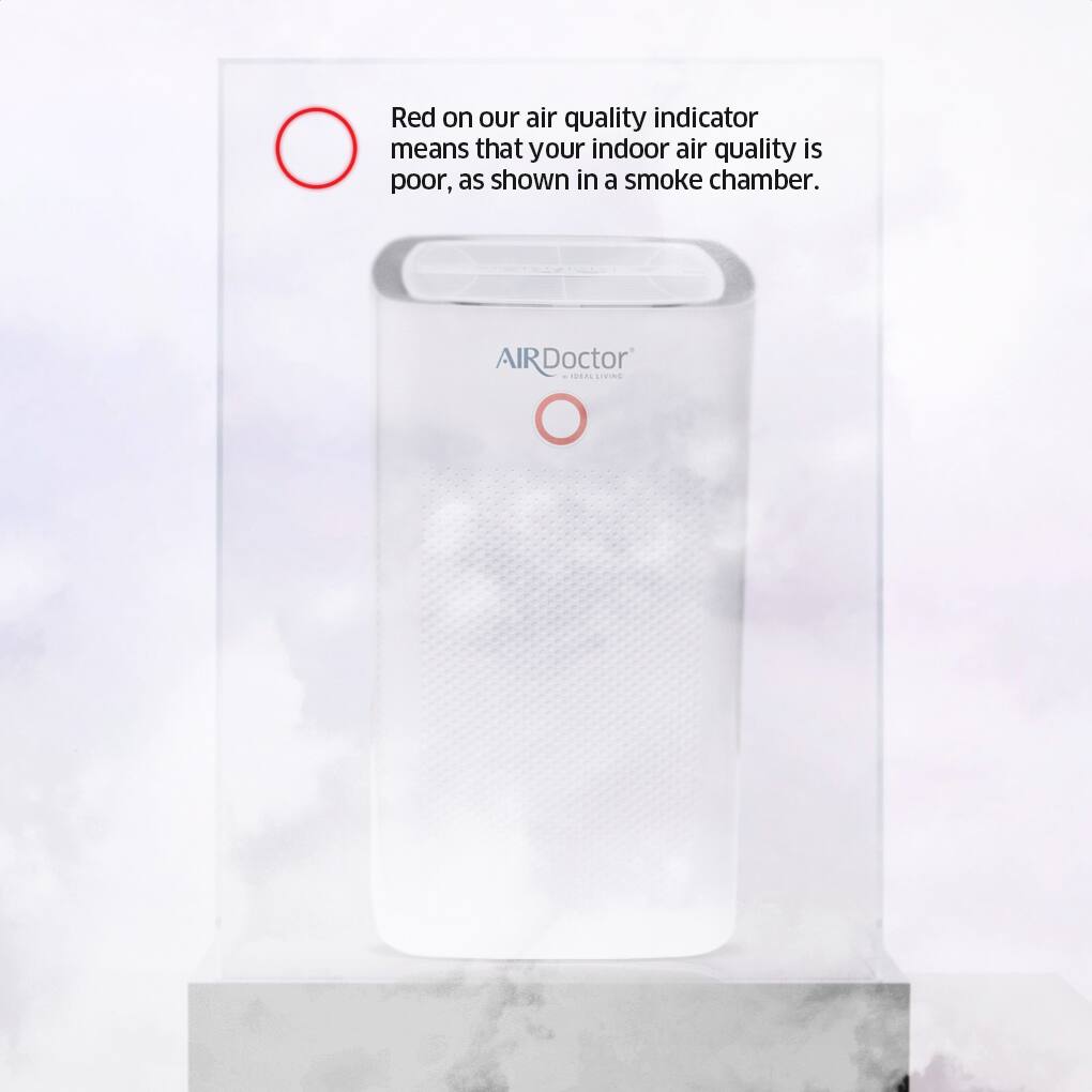 Red on our air quality indicator means that your indoor air quality is poor, as shown in a smoke chamber. AIRDoctor CAL CCIN.