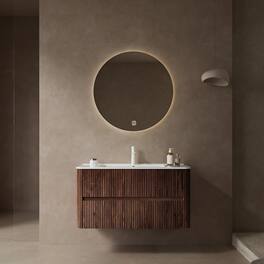 Boyel Living - 36 Bathroom Vanity with Sink Wall Mounted Floating Plywood Cabinet 2 Drawers White Ceramic Basin Retro Walnut - White + Deep Walnut