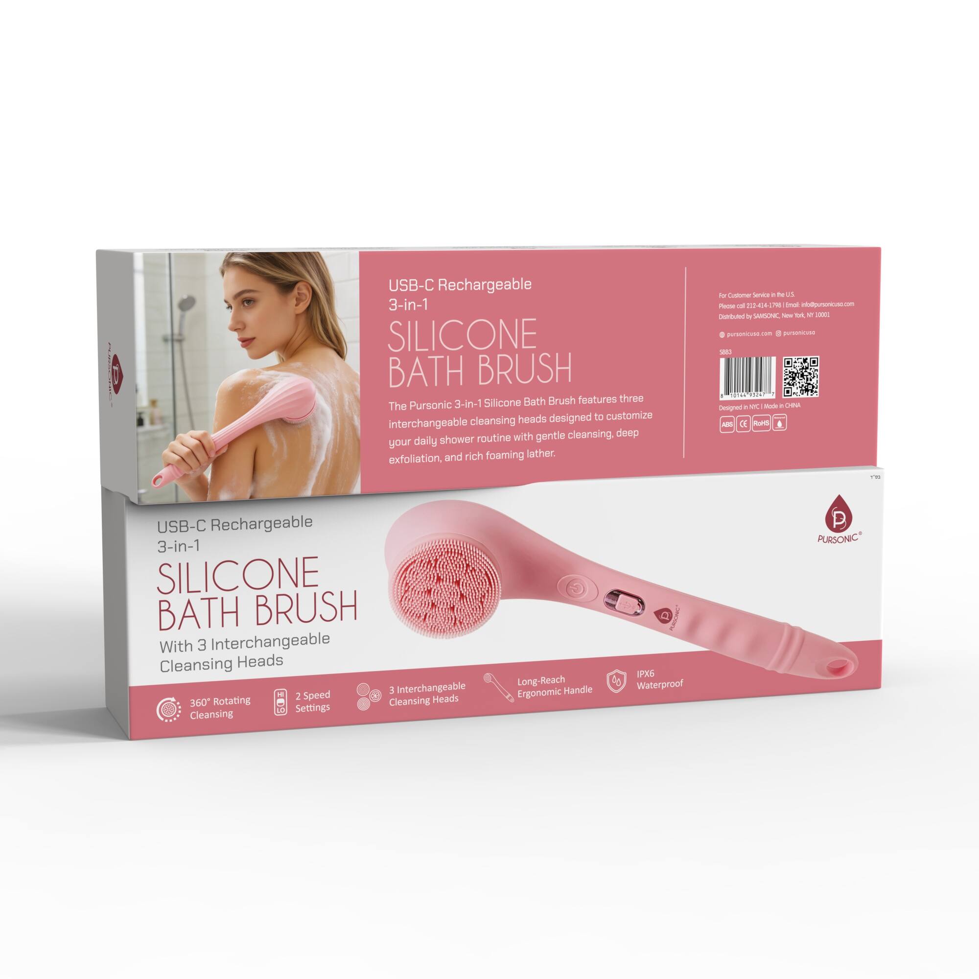 USB-C Rechargeable 3-in-1 SILICONE BATH BRUSH

The Pursonic 3-in-1 Silicone Bath Brush features three interchangeable cleansing heads designed to customize your daily shower routine with gentle cleansing, deep exfoliation, and rich foaming lather.

USB-C Rechargeable 3-in-1 SILICONE BATH BRUSH

With 3 Interchangeable Cleansing Heads
- 360° Rotating Cleansing Settings
- 2 Speed Settings
- 3 Interchangeable Cleansing Heads
- Long-Reach Ergonomic Handle
- IPX 56 Waterproof

PURSONIC