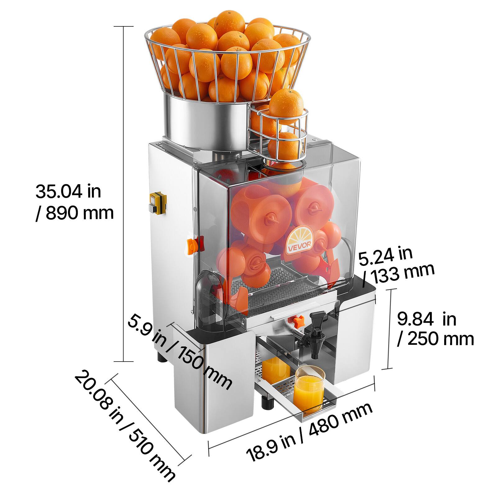 35.04 in / 890 mm  
5.24 in / 133 mm  
5.9 in / 150 mm  
20.08 in / 510 mm  
18.9 in / 480 mm  
9.84 in / 250 mm