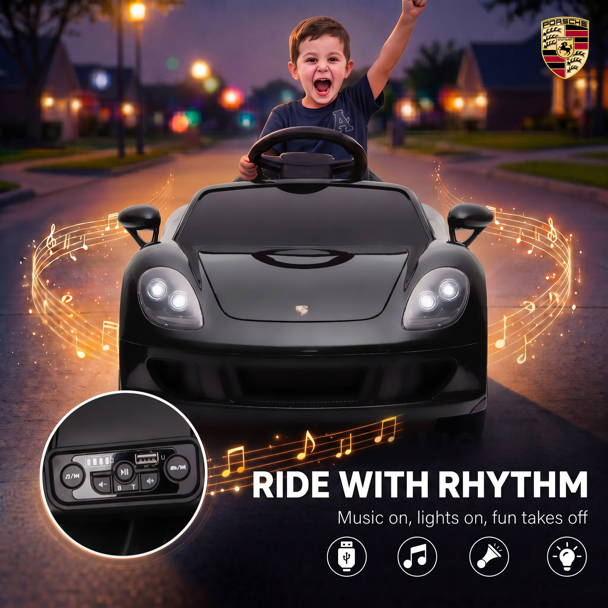 PORSCHE us BELL  
A  
M T U a/M  
RIDE WITH RHYTHM  
Music on, lights on, fun takes off