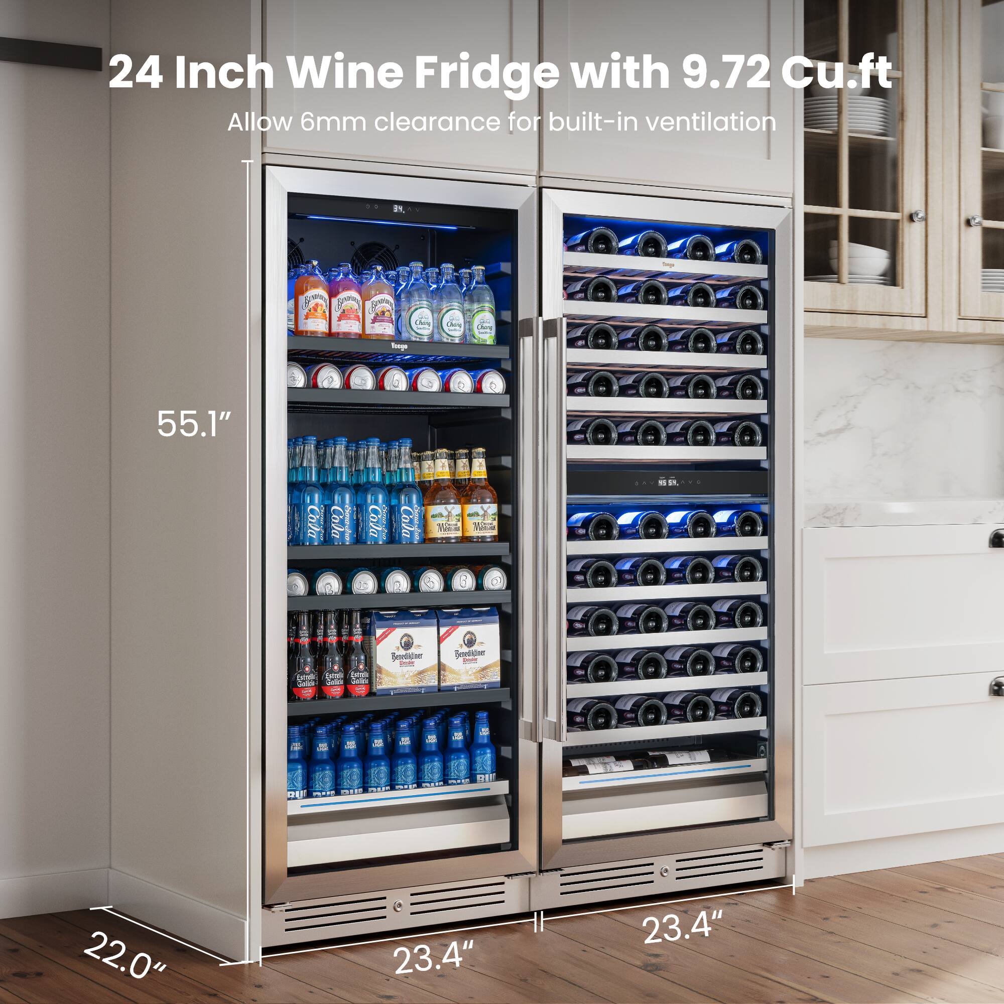 24 Inch Wine Fridge with 9.72 Cu.ft  
Allow 6mm clearance for built-in ventilation  

55.1"  
22.0"  
23.4"  
23.4"