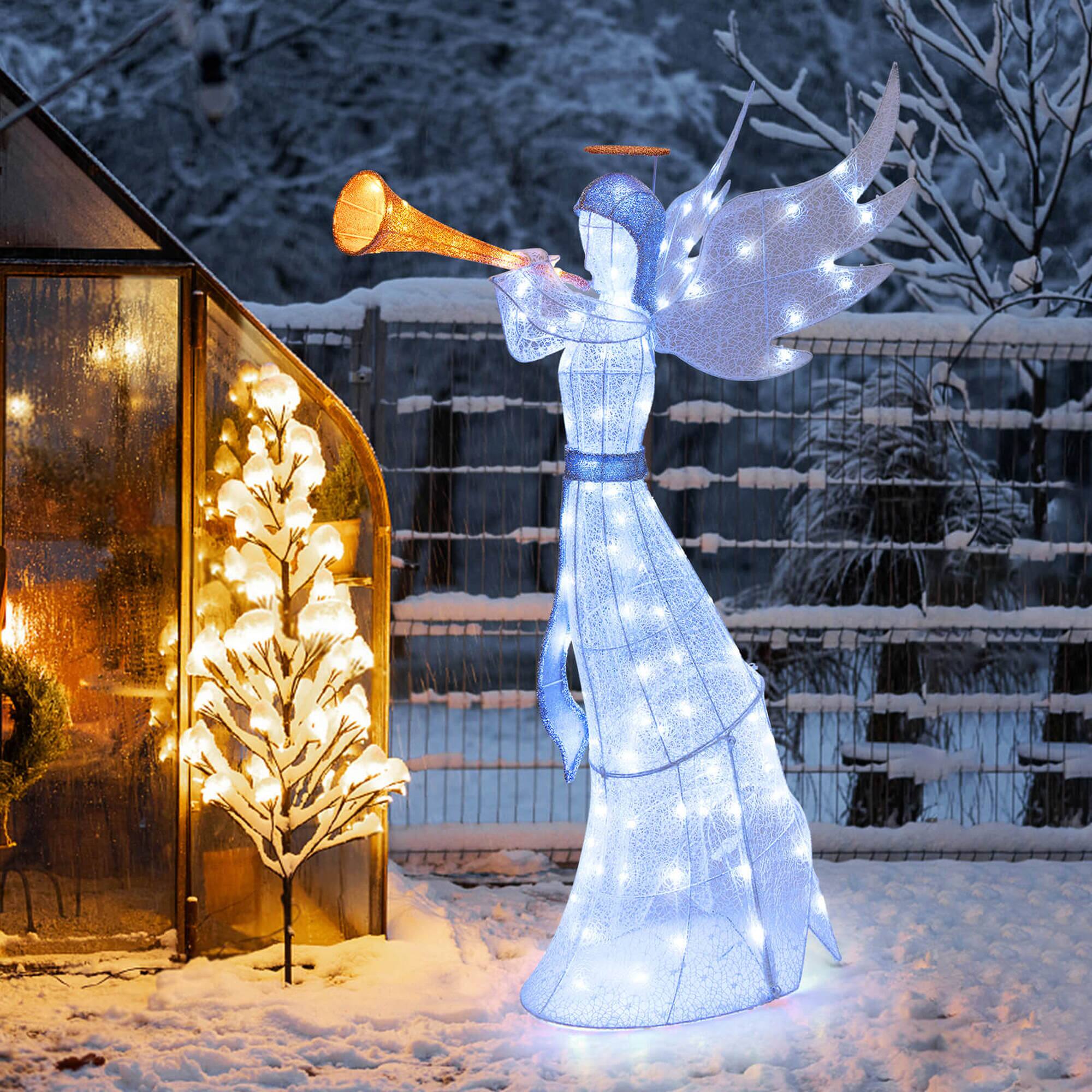Alt View 4. Costway - Costway 5 ft Christmas Angel Outdoor Pre-Lit Angel with Trumpet Halo Wings & 100 LED Lights - White.