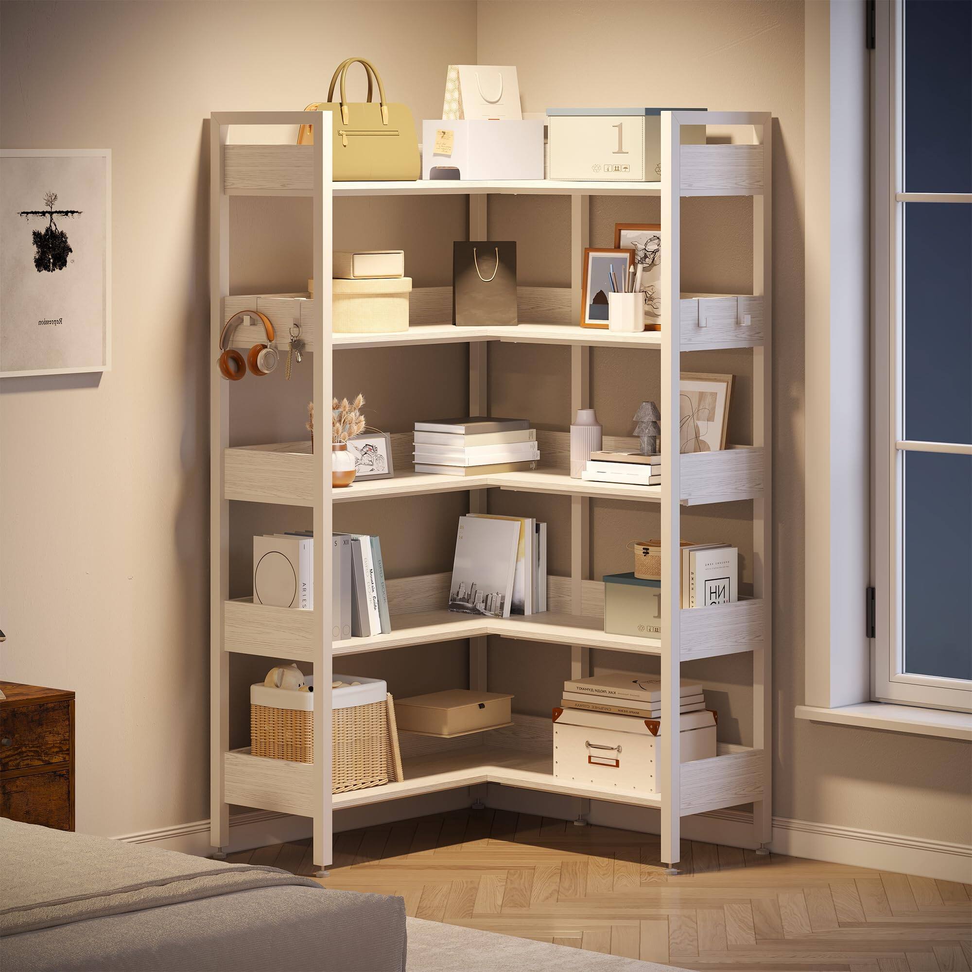 Back. Jojoka - Corner Bookshelf, 5-Tier L-Shaped Industrial Bookcase, Convertible Storage Display Shelf for Living Room or Office - White.