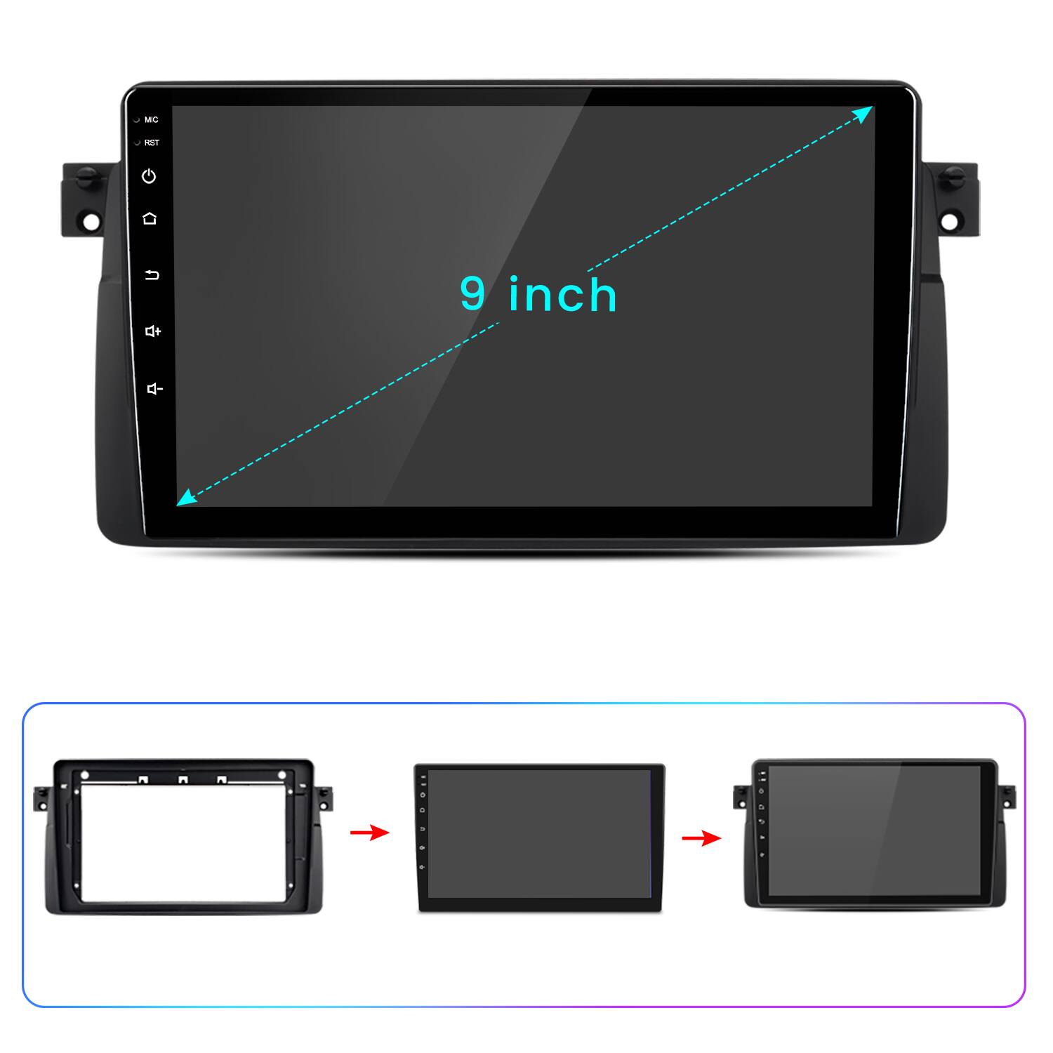 Back. Junsun - 9" 4Core 2+64GB Android15 carplay For BMW 3-series E46 1998-2006 Car Stereo Radio GPS Navi WIFI RDS DSP SWC FM BT - Black.