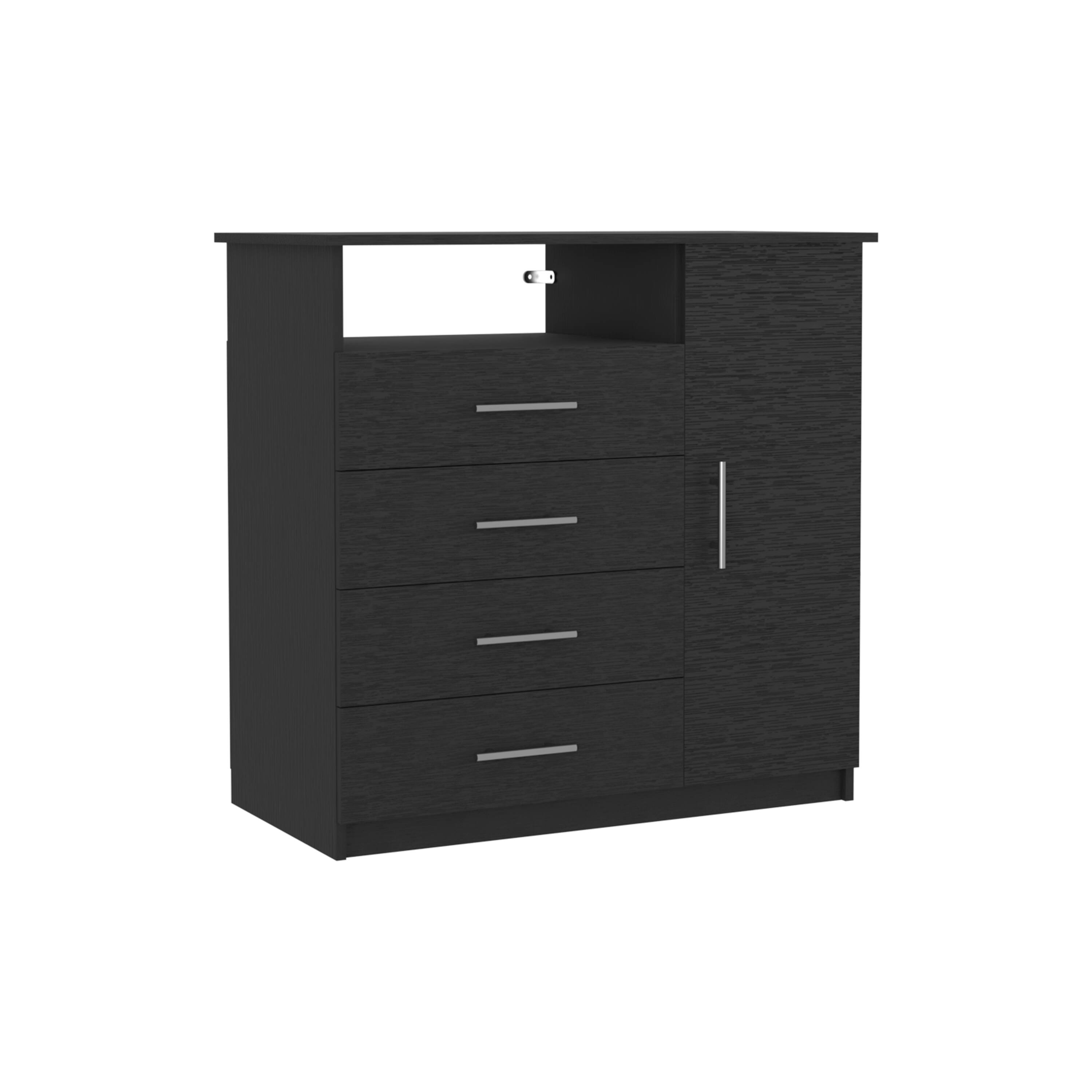 Alt View 2. TuHome - Peru 4 Drawer Dresser, Single Door Cabinet, One Open Shelf, Superior Top - Black.