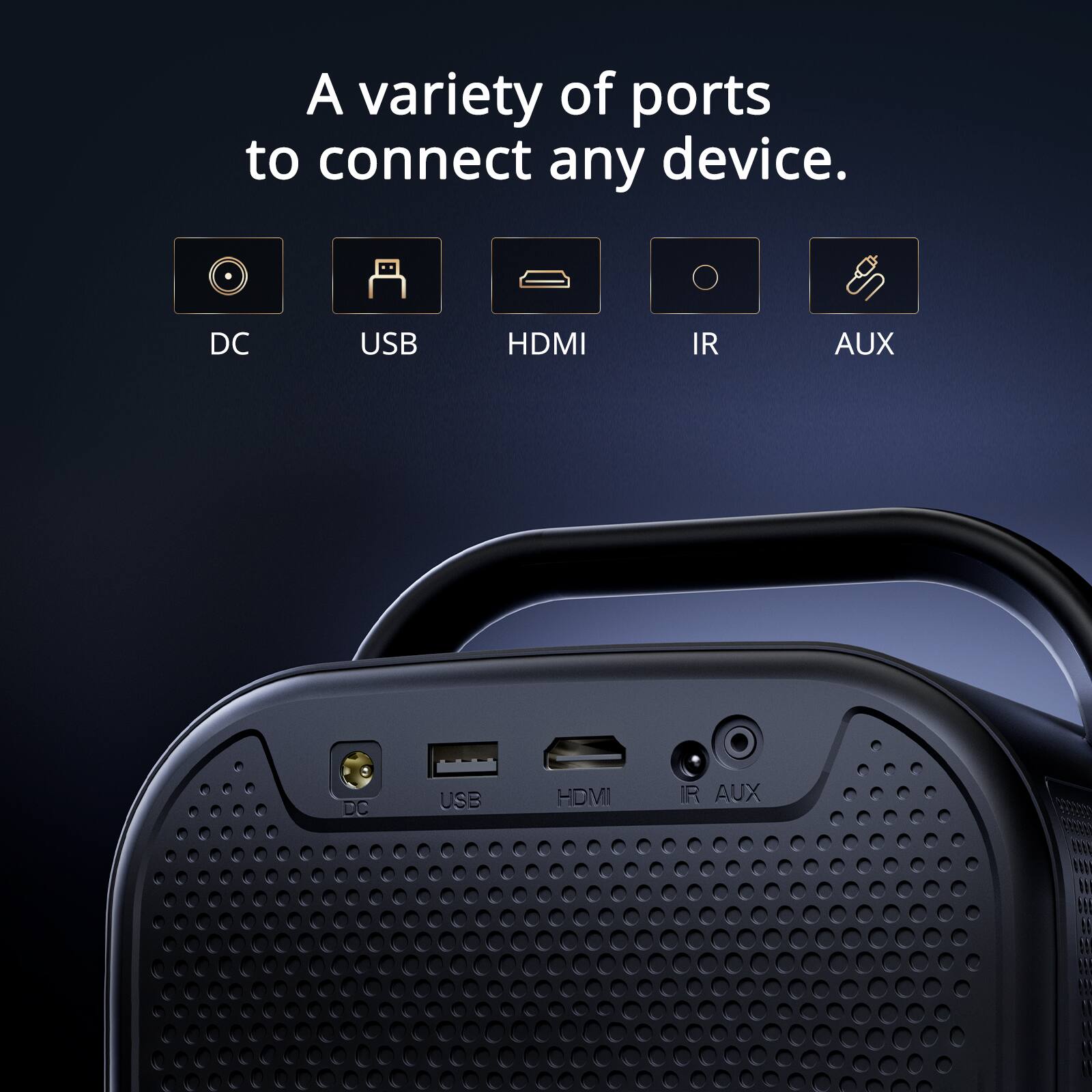 A variety of ports to connect any device. DC USB HDMI IR AUX