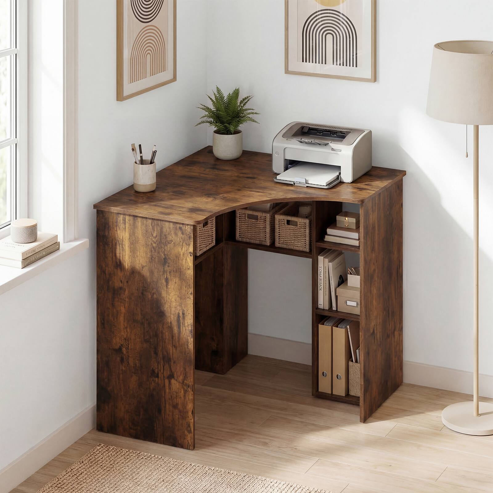 Alt View 4. Costway - Costway Corner Desk with Charging Station, Ergonomic Curved Edge & Open Storage Shelves - Rustic Brown.
