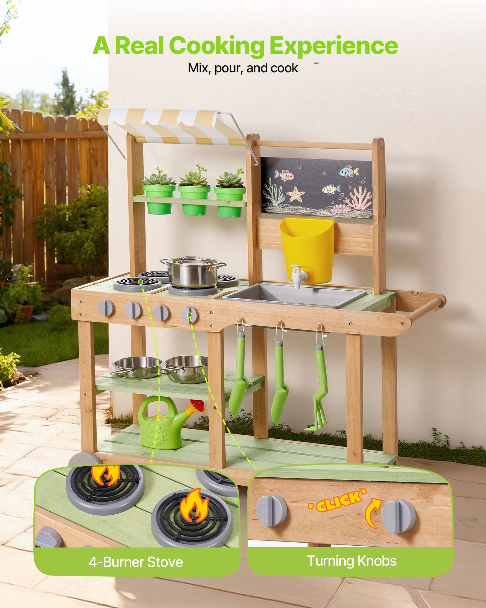 A Real Cooking Experience  
Mix, pour, and cook  

4-Burner Stove  
Turning Knobs