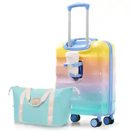 Ecooso - 20-Inch Carry-On Luggage with Cup Holder Lightweight Glossy Hardshell Suitcase with Spinner Wheels TSA Lock 2-Piece Set - Blue & Orange