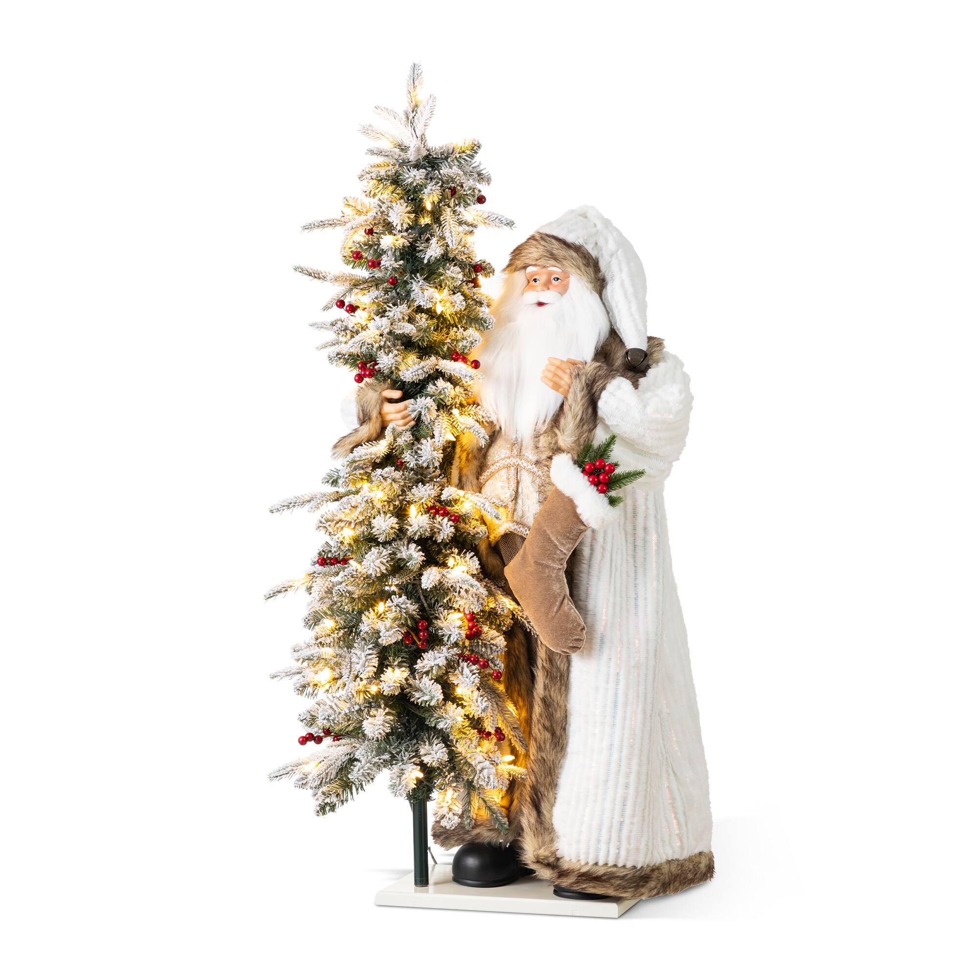 Angle. Glitzhome - 3.5FT Oversized Woodland Santa with 4FT Lighted Flocked Artificial Christmas Tree - Multi-Colored.