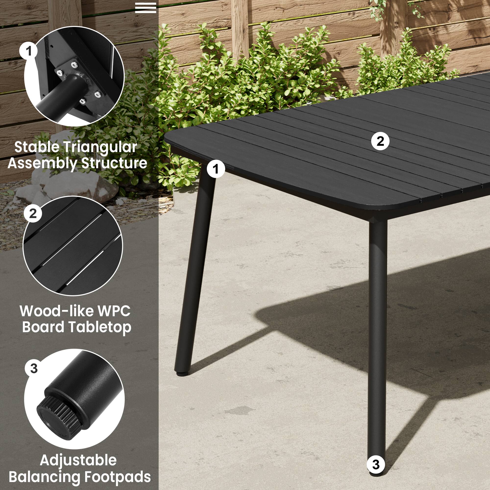 1. Stable Triangular Assembly Structure  
2. Wood-like WPC Board Tabletop  
3. Adjustable Balancing Footpads