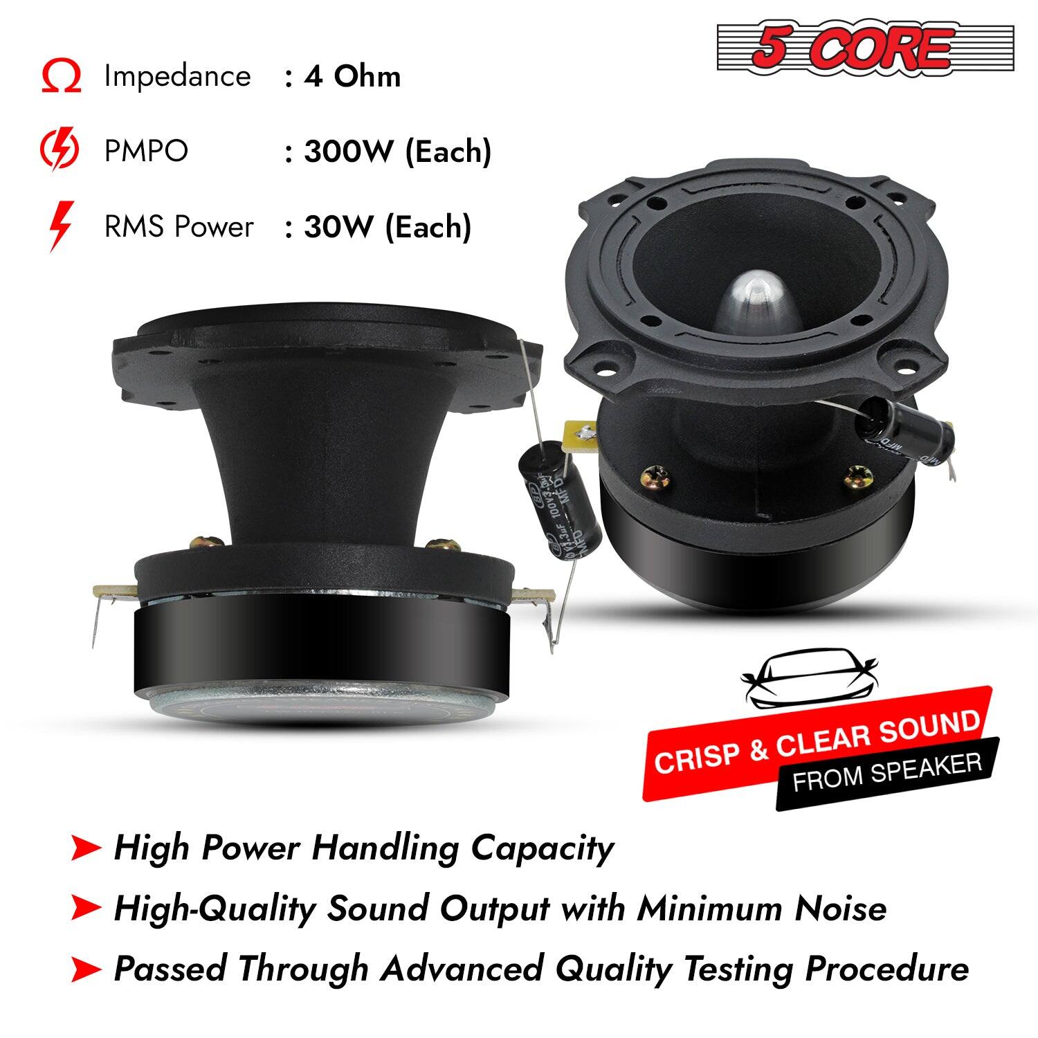 Impedance : 4 Ohm
PMPO : 300W (Each)
RMS Power : 30W (Each)

High Power Handling Capacity
High-Quality Sound Output with Minimum Noise
Passed Through Advanced Quality Testing Procedure

CRISP & CLEAR SOUND FROM SPEAKER