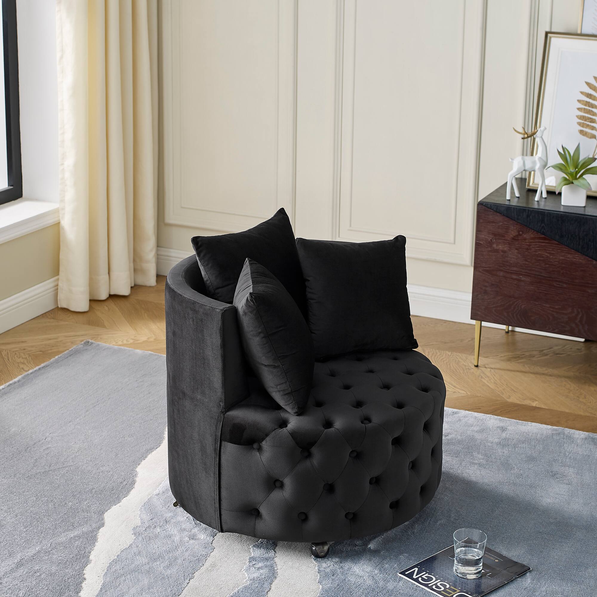 Left. GOODSILO - Luxury Upholstered Swivel Accent Chair with Tufted Back and Caster Wheels for Elegant Home Seating - Black.