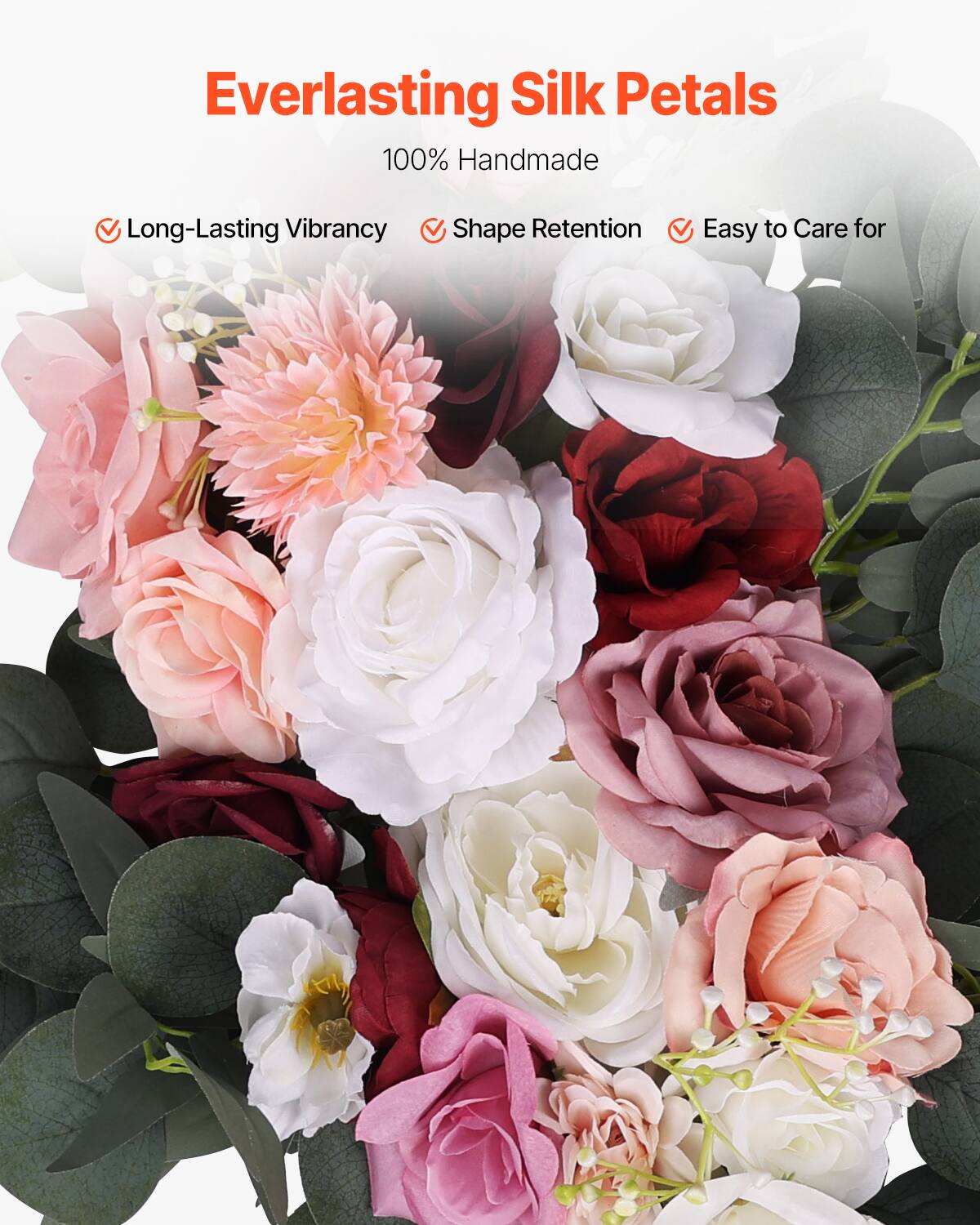 Everlasting Silk Petals  
100% Handmade  
Long-Lasting Vibrancy  
Shape Retention  
Easy to Care for