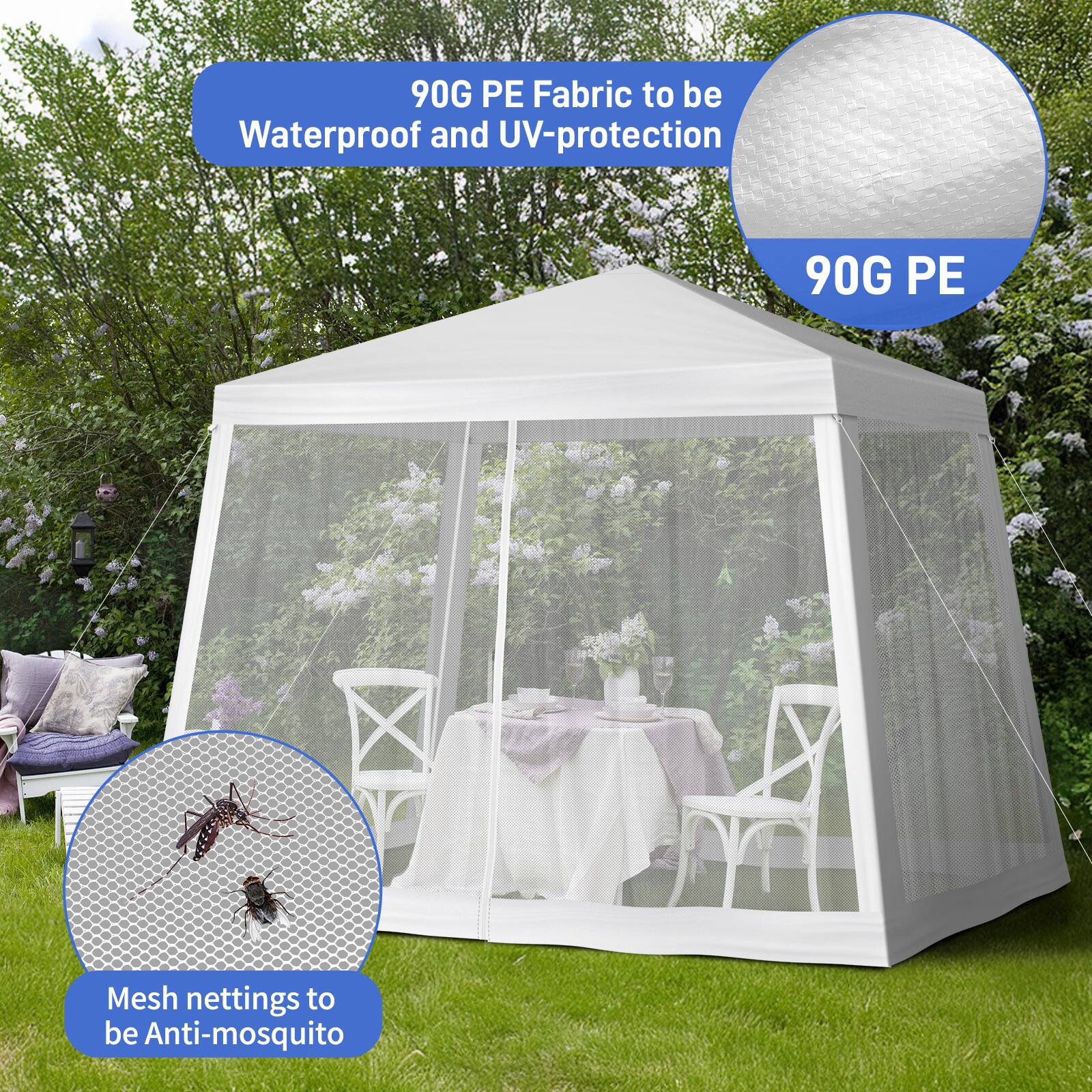 90G PE Fabric to be Waterproof and UV-protection  
90G PE Mesh nettings to be Anti-mosquito