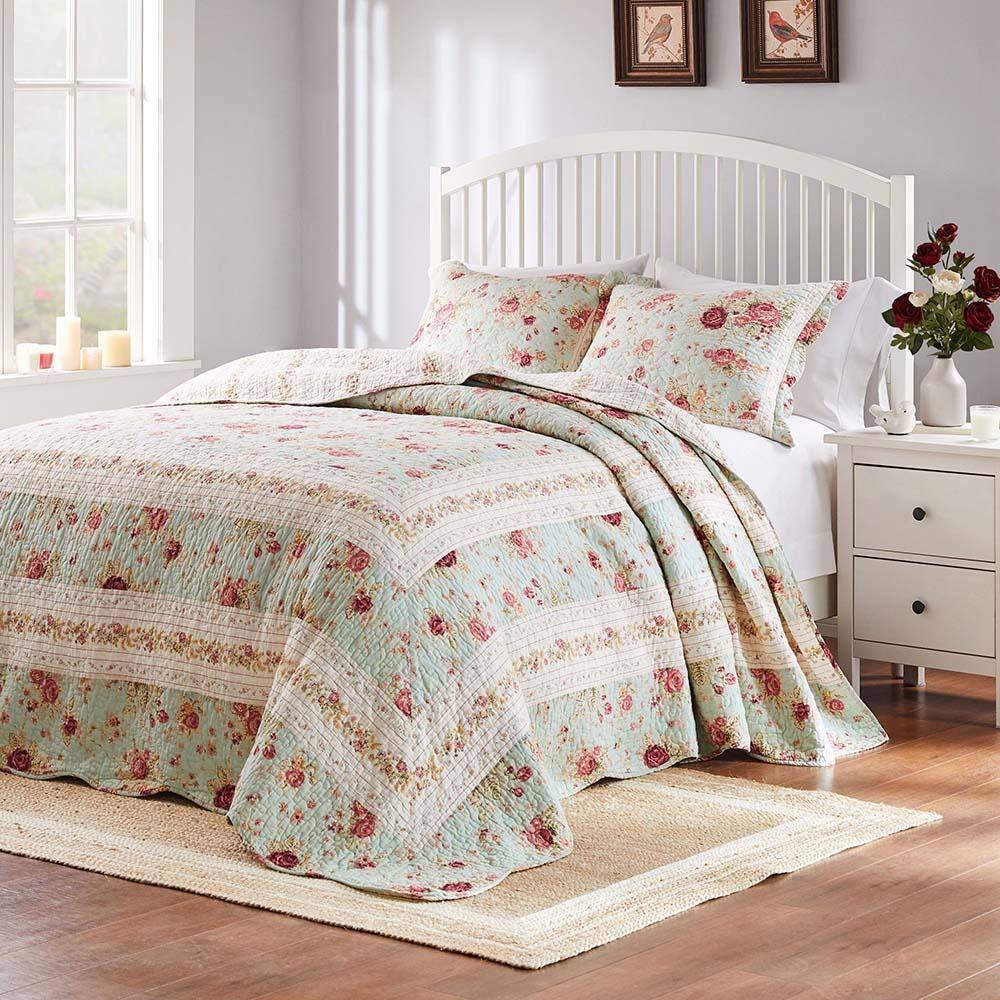 Alt View 3. Greenland Home Fashions - Greenland Home Antique Rose Bright Florals and Whimsical Songbirds Bedspread Set 3-Piece Queen Blue - Blue.