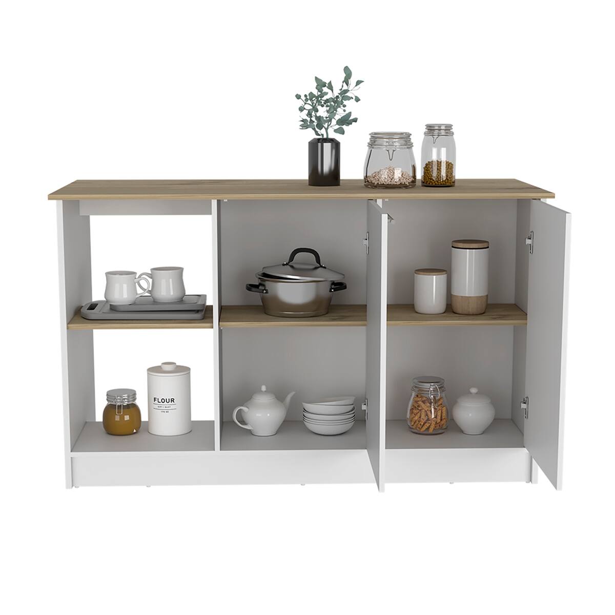 Alt View 1. Loheer - Loheer Modern Stationary Kitchen Island with Cabinets Light Oak White - Light Oak and White.