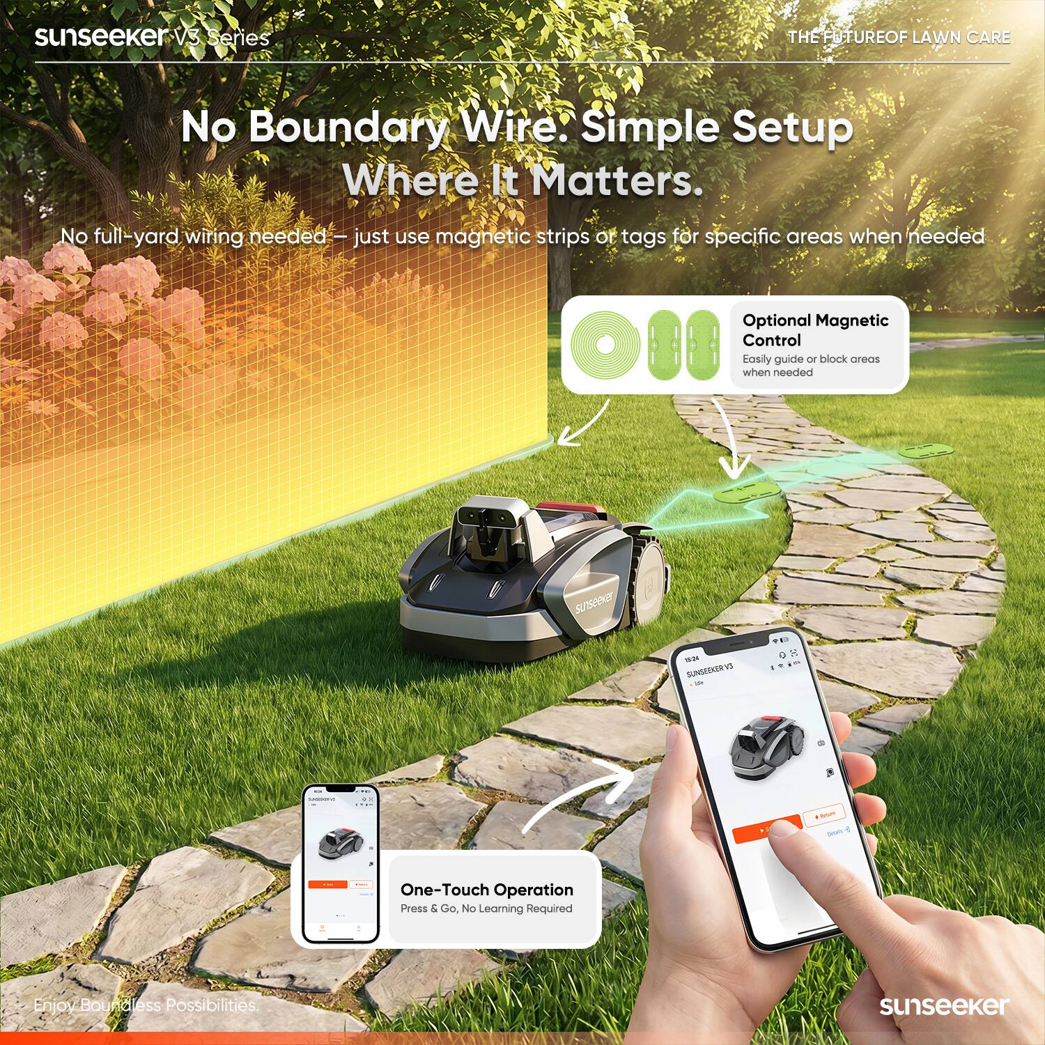 sunseeker VS Series  
THE FUTURE OF LAWN CARE  
No Boundary Wire. Simple Setup Where It Matters.  
No full-yard wiring needed – just use magnetic strips or tags for specific areas when needed  
Optional Magnetic Control  
Easily guide or block areas when needed  
Sunseeker - SUNSEEKER VS  
One-Touch Operation  
Press & Go, No Learning Required  
Enjoy Boundless Possibilities