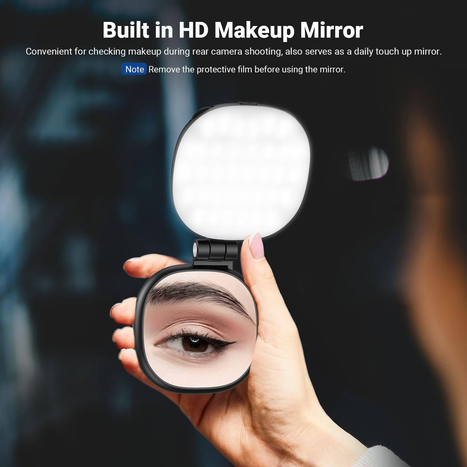 Built in HD Makeup Mirror  
Convenient for checking makeup during rear camera shooting, also serves as a daily touch up mirror.  
Note: Remove the protective film before using the mirror.