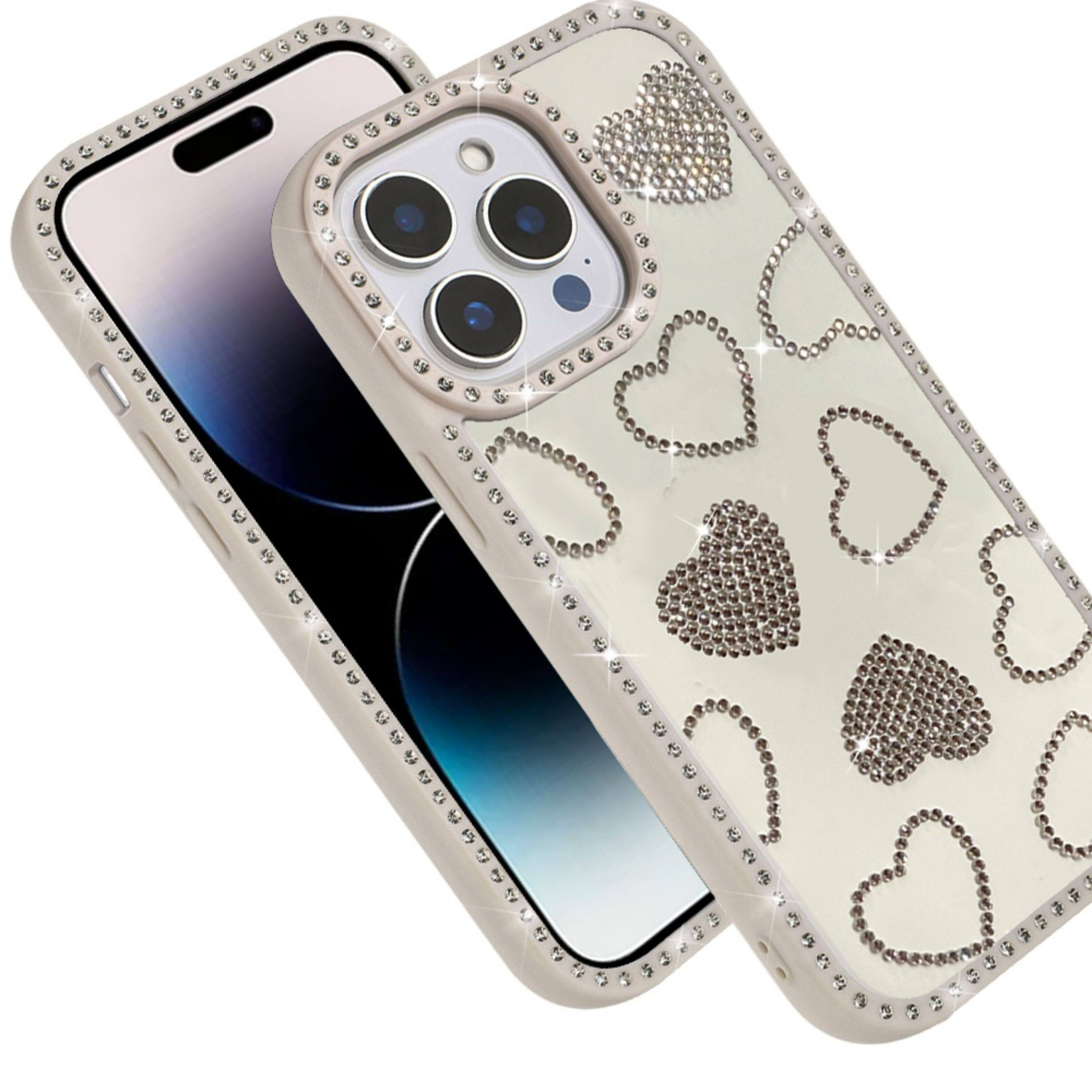 Angle. Kitcheniva - Rhinestone Hearts With Bling Around Trim Case For iPhone 14 Pro Max Beige - Beige.