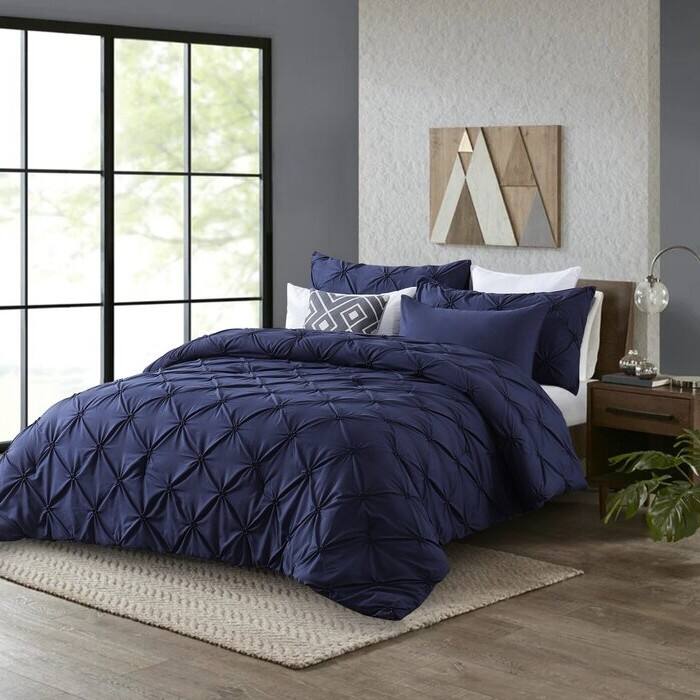 Angle. Hivvago - King Size All Season Pleated Hypoallergenic Microfiber Reversible 3 Piece Comforter Set in Navy - Navy.