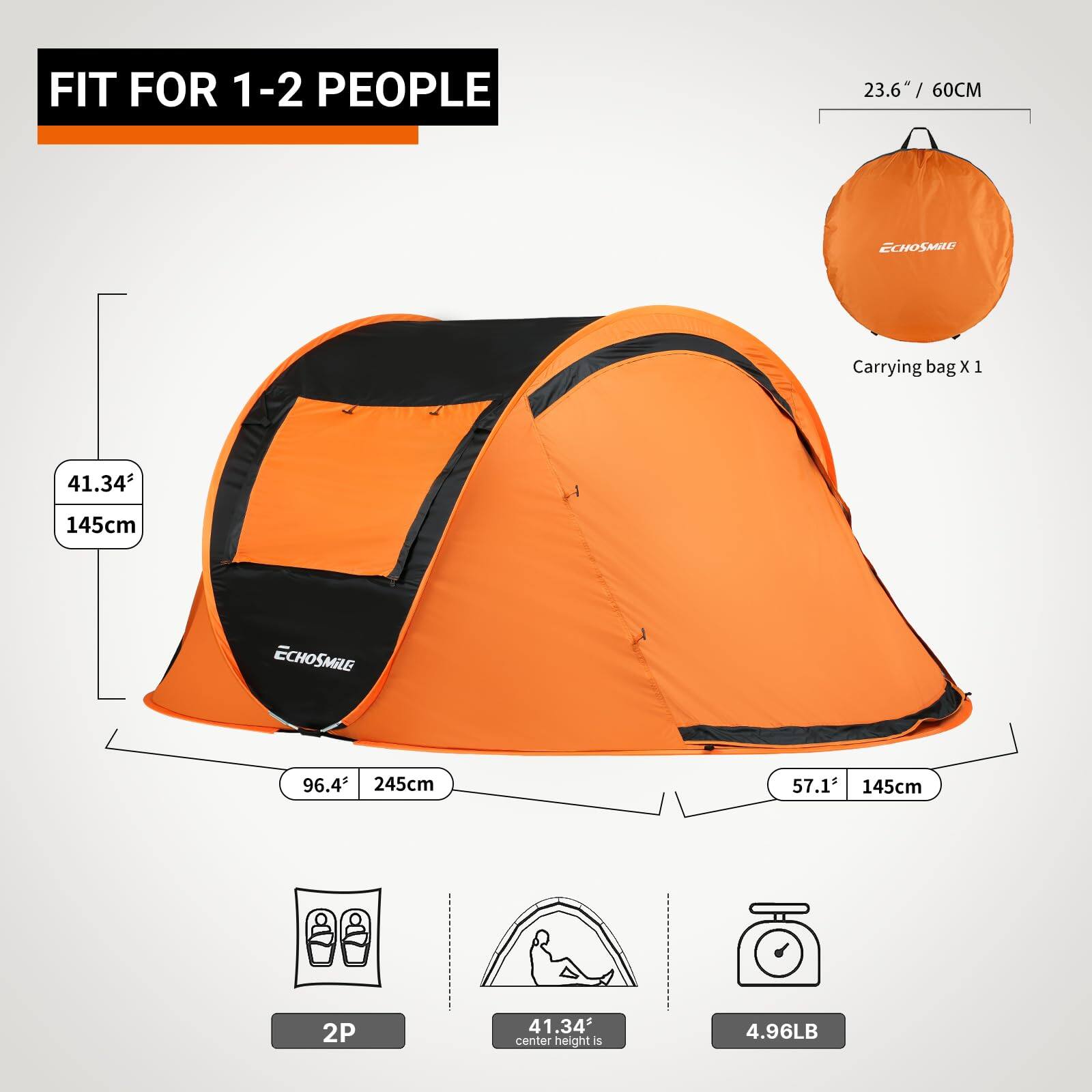 The corrected text is:

- FIT FOR 1-2 PEOPLE
- 23.6" / 60CM
- ECHOSMAD Carrying bag X 1
- 41.34" / 145cm
- ECHOSMAD
- 96.43" / 245cm
- 57.1" / 145cm
- 2P
- 41.34" center height
- 4.96LB