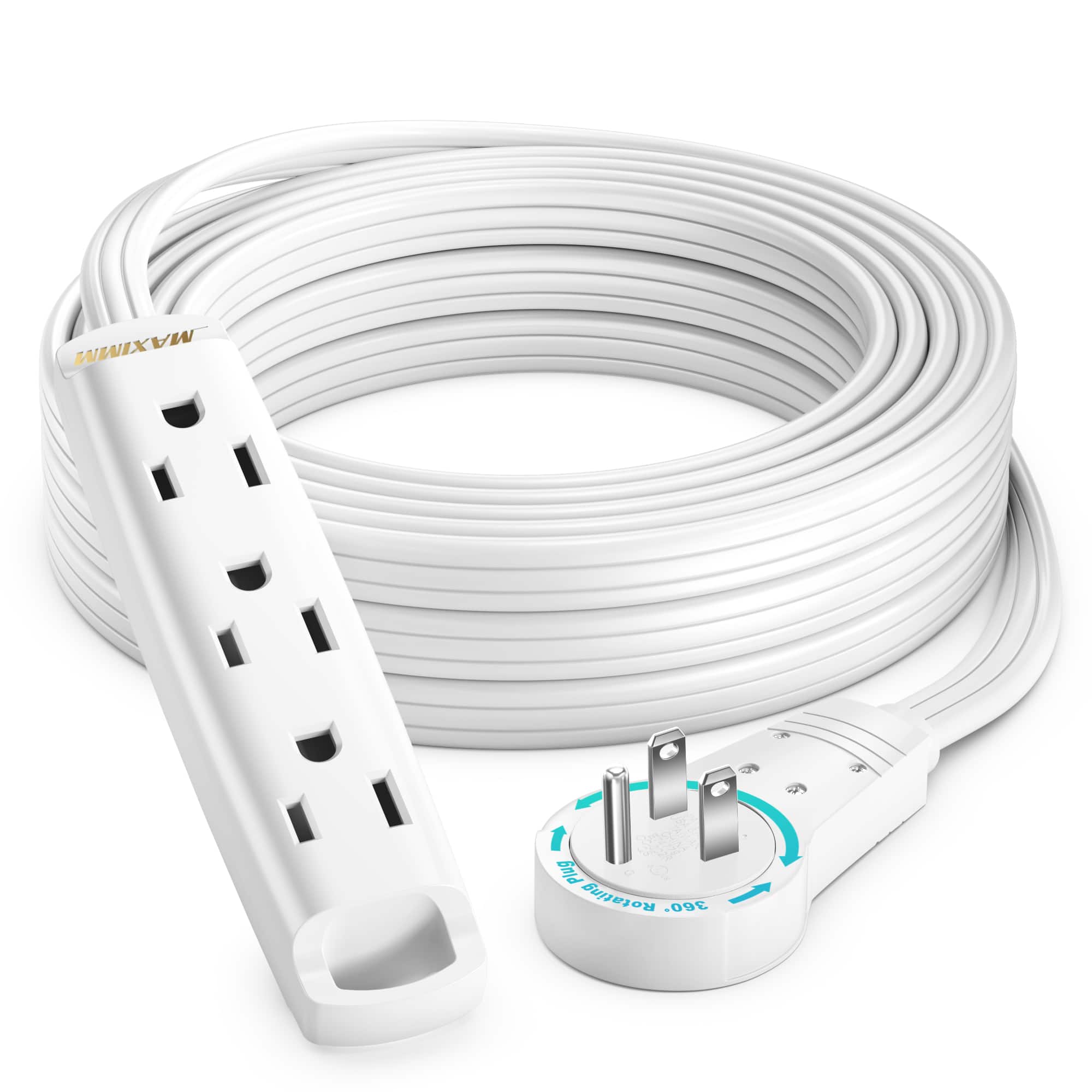 Photos - Surge Protector / Extension Lead Full Tech Maximm - 15 Ft 360° Rotating Flat Plug Extension Cord with 3 Outlets on One Side, Space-Saving Design, UL-Certified - White 