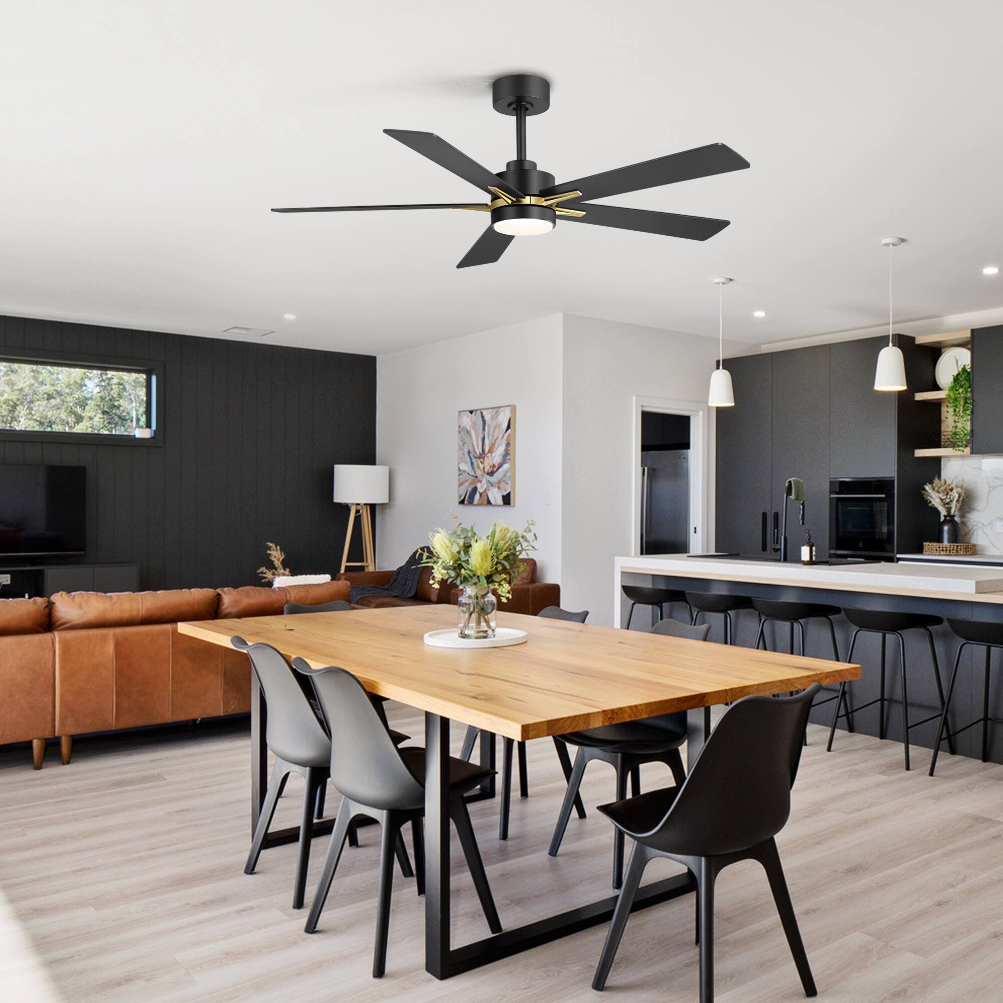 Alt View 5. Breezary - 52-Inch Indoor LED Ceiling Fan with 5 Plywood Blades, DC Motor, 5/10'' Downrods, Remote Control, Reversible, for Bedroom - Gold and Black.