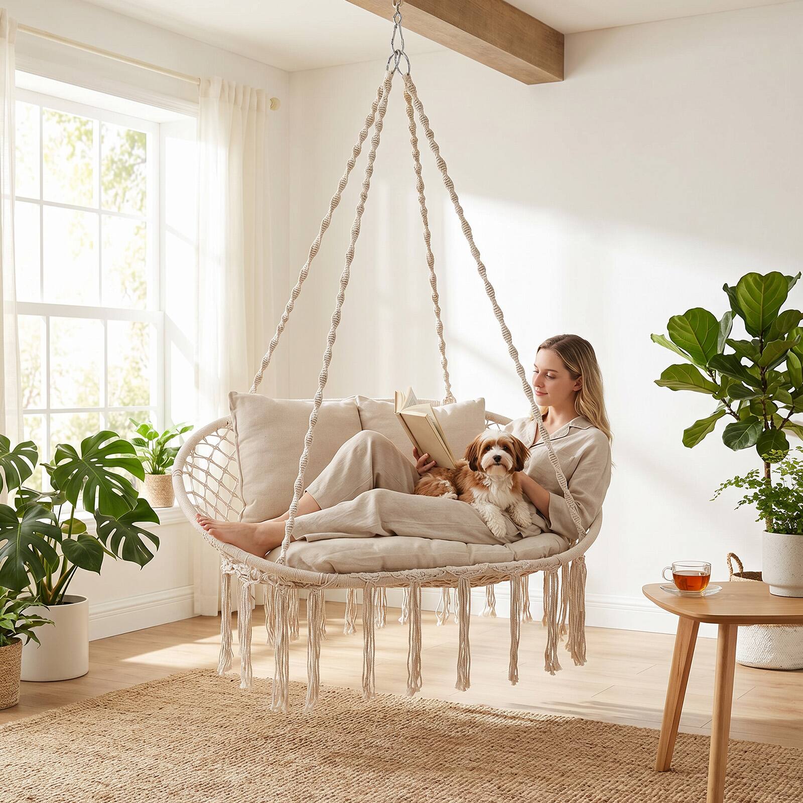 Alt View 1. Costway - Costway Double Swing Chair with Cushions,Hanging Hammock Chair for Indoor & Outdoor Use - Beige.