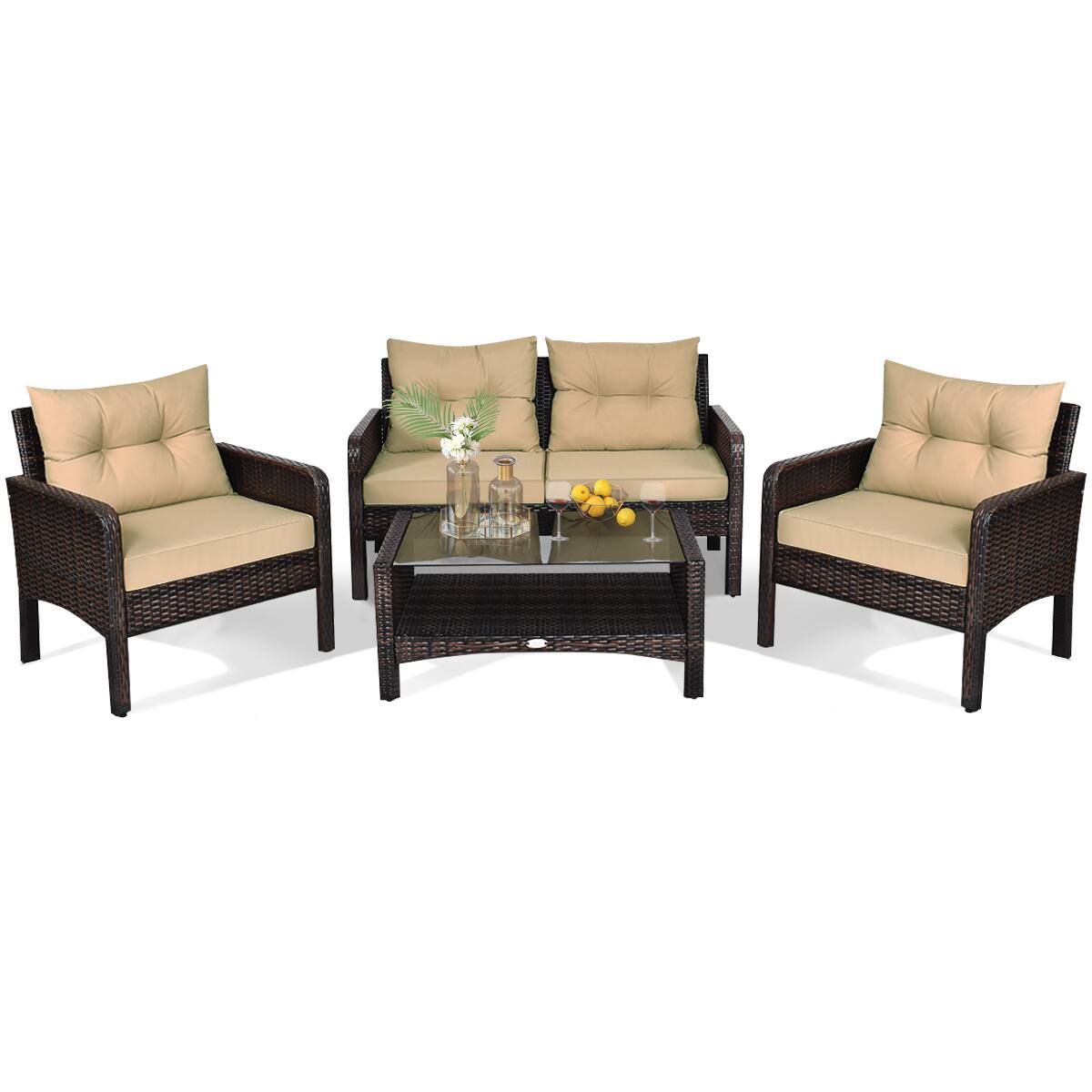 Alt View 5. Gymax - Gymax 4PCS Rattan Wicker Patio Conversation Set Cushioned Outdoor Furniture Set - Khaki.
