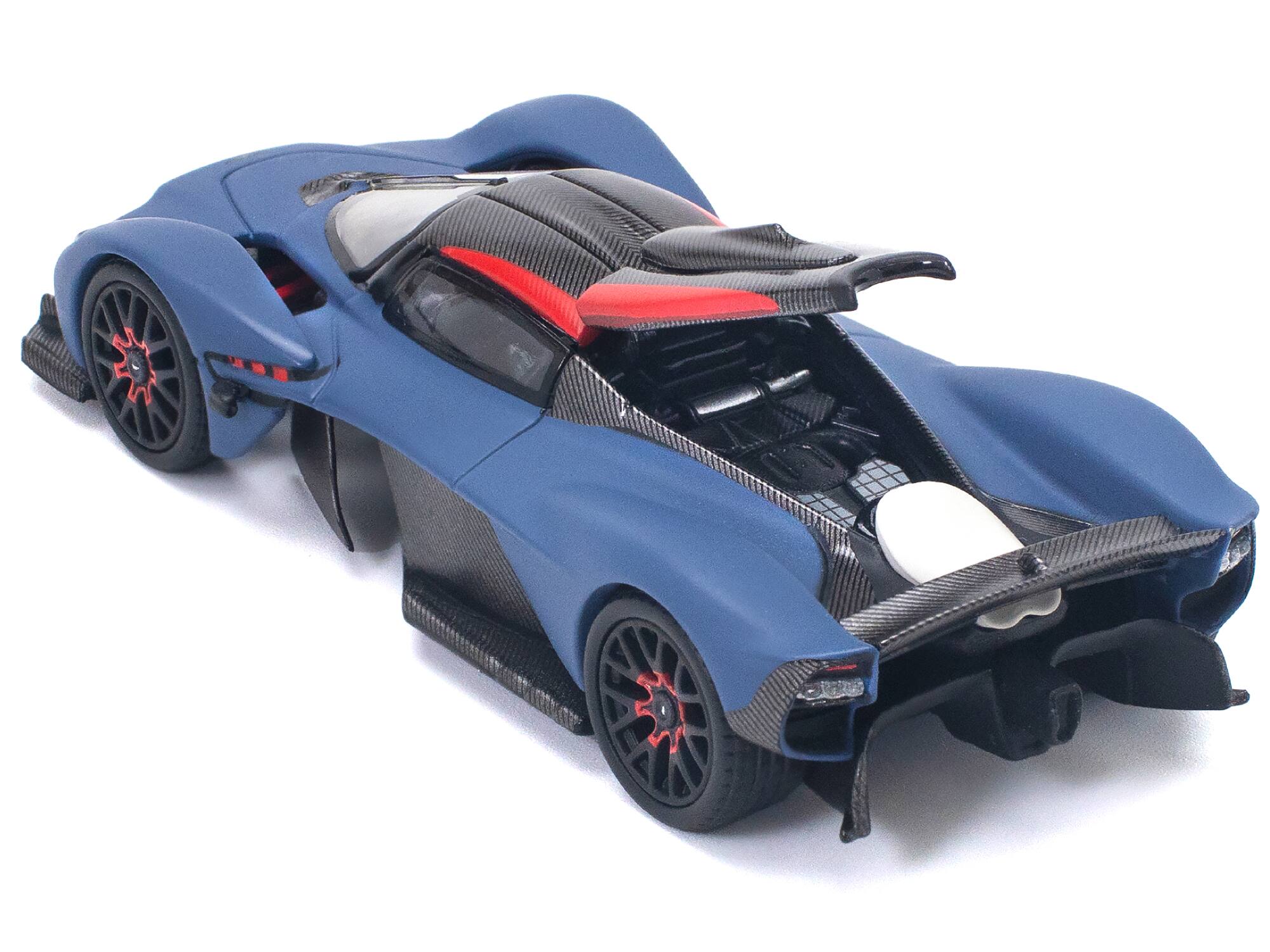 Back. Pop Race - Aston Martin Valkyrie Satin Marina Blue with Carbon Top 1/64 Diecast Model Car by Pop Race - Blue with Carbon.